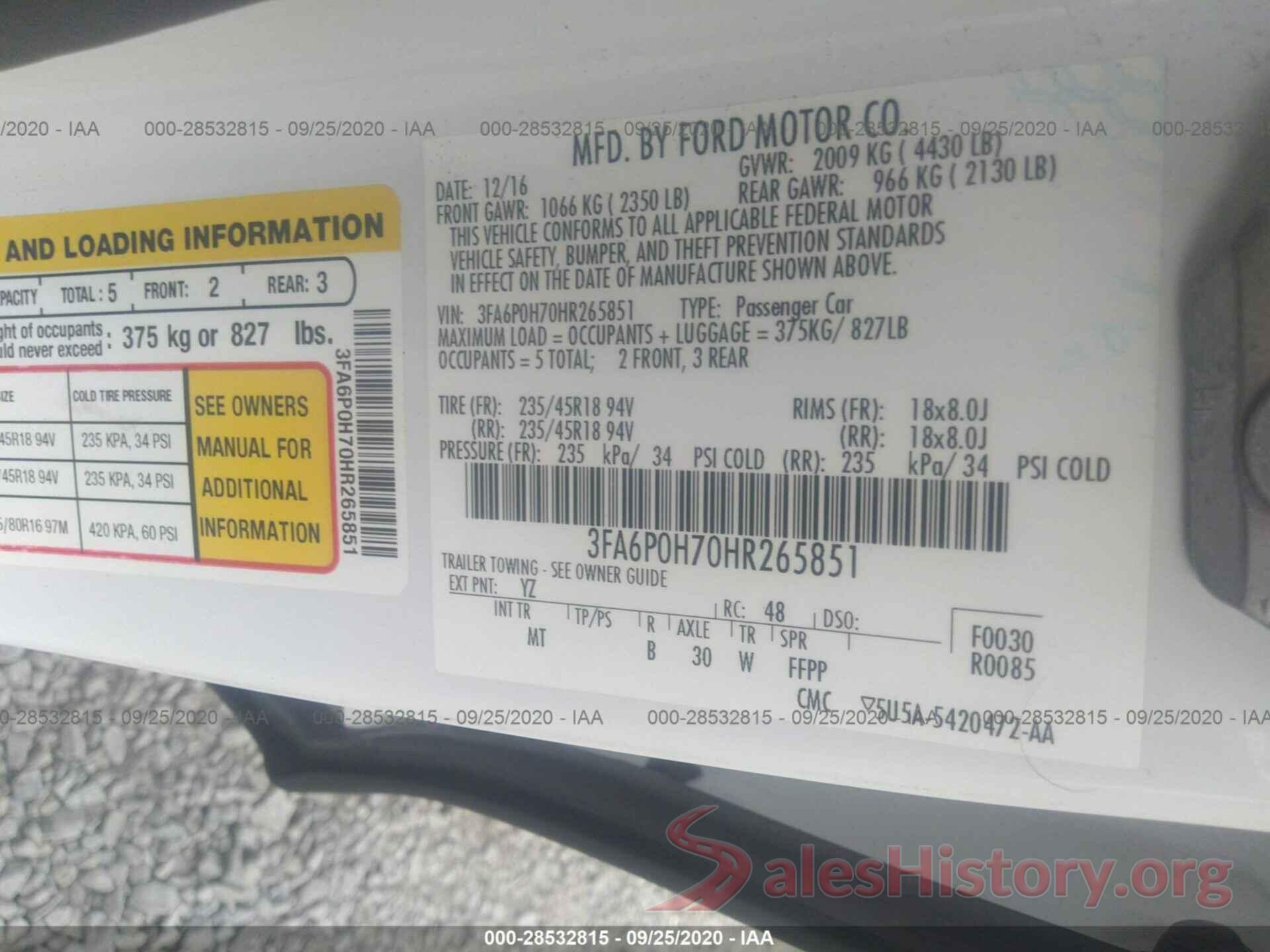 3FA6P0H70HR265851 2017 FORD FUSION