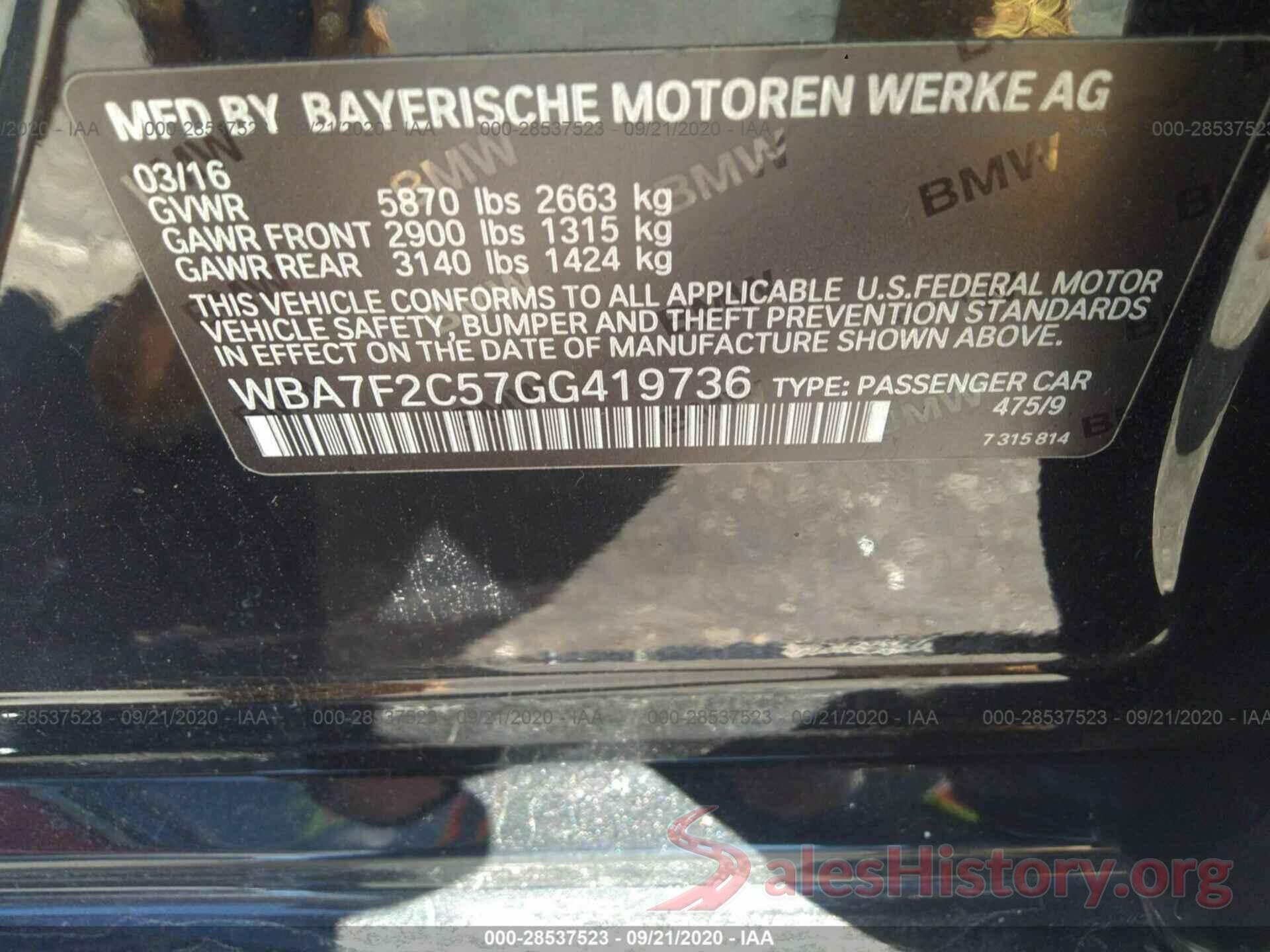 WBA7F2C57GG419736 2016 BMW 7 SERIES