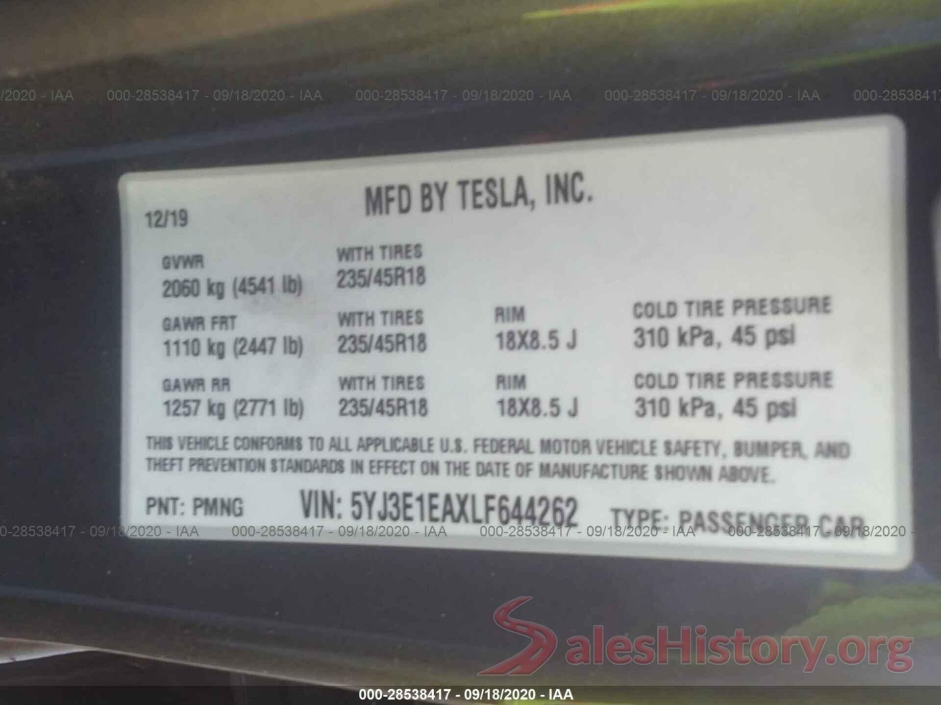 5YJ3E1EAXLF644262 2020 TESLA MODEL 3