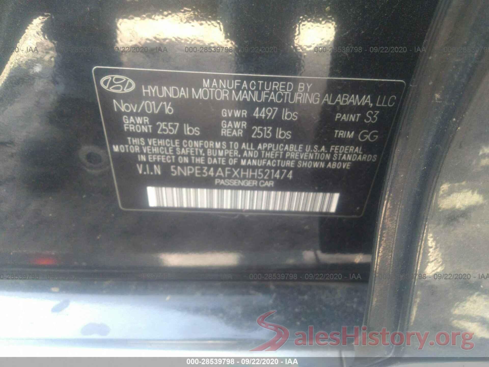 5NPE34AFXHH521474 2017 HYUNDAI SONATA