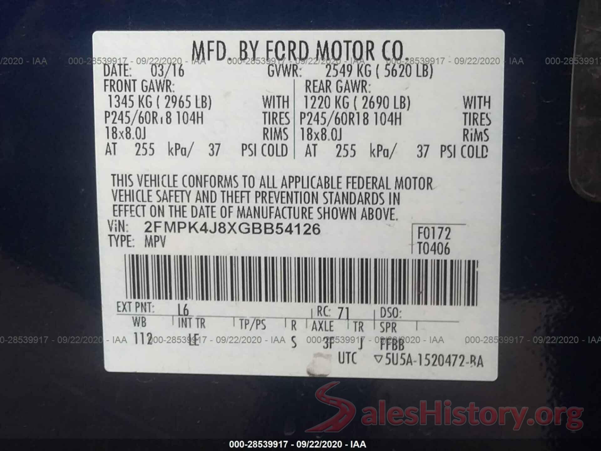 2FMPK4J8XGBB54126 2016 FORD EDGE