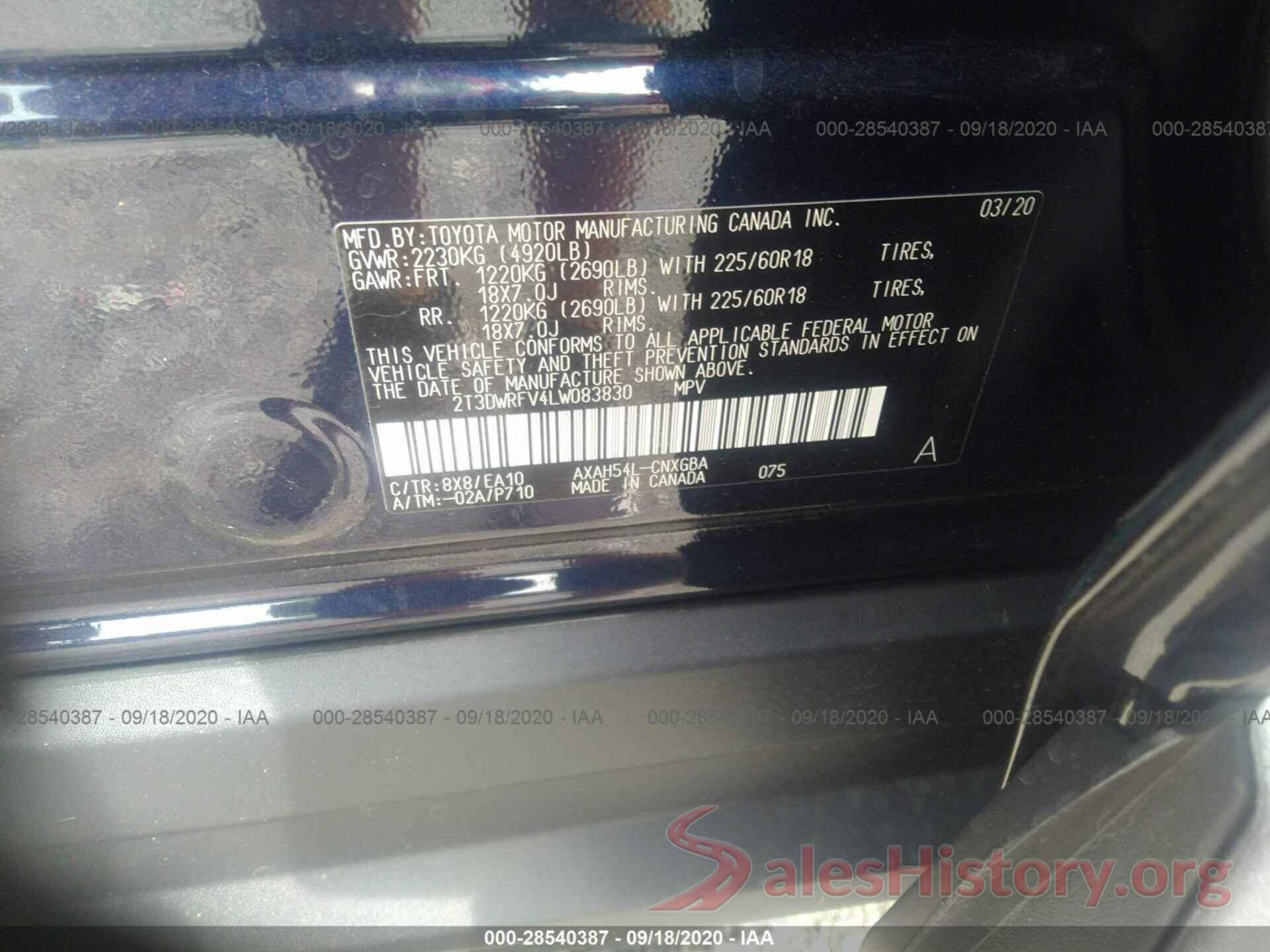 2T3DWRFV4LW083830 2020 TOYOTA RAV4