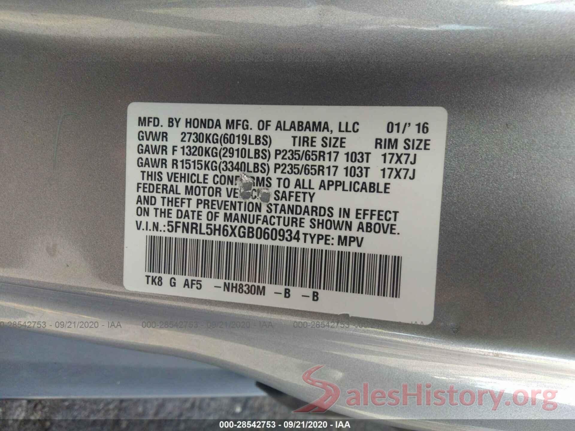 5FNRL5H6XGB060934 2016 HONDA ODYSSEY