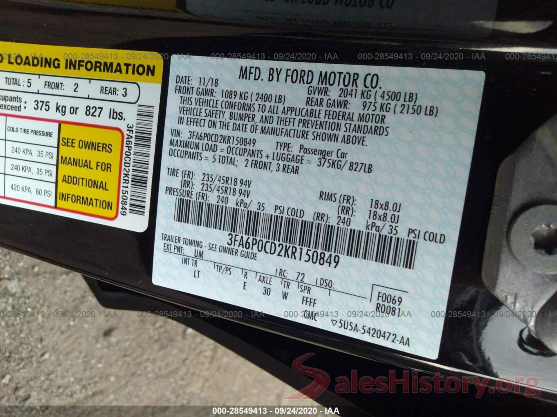 3FA6P0CD2KR150849 2019 FORD FUSION