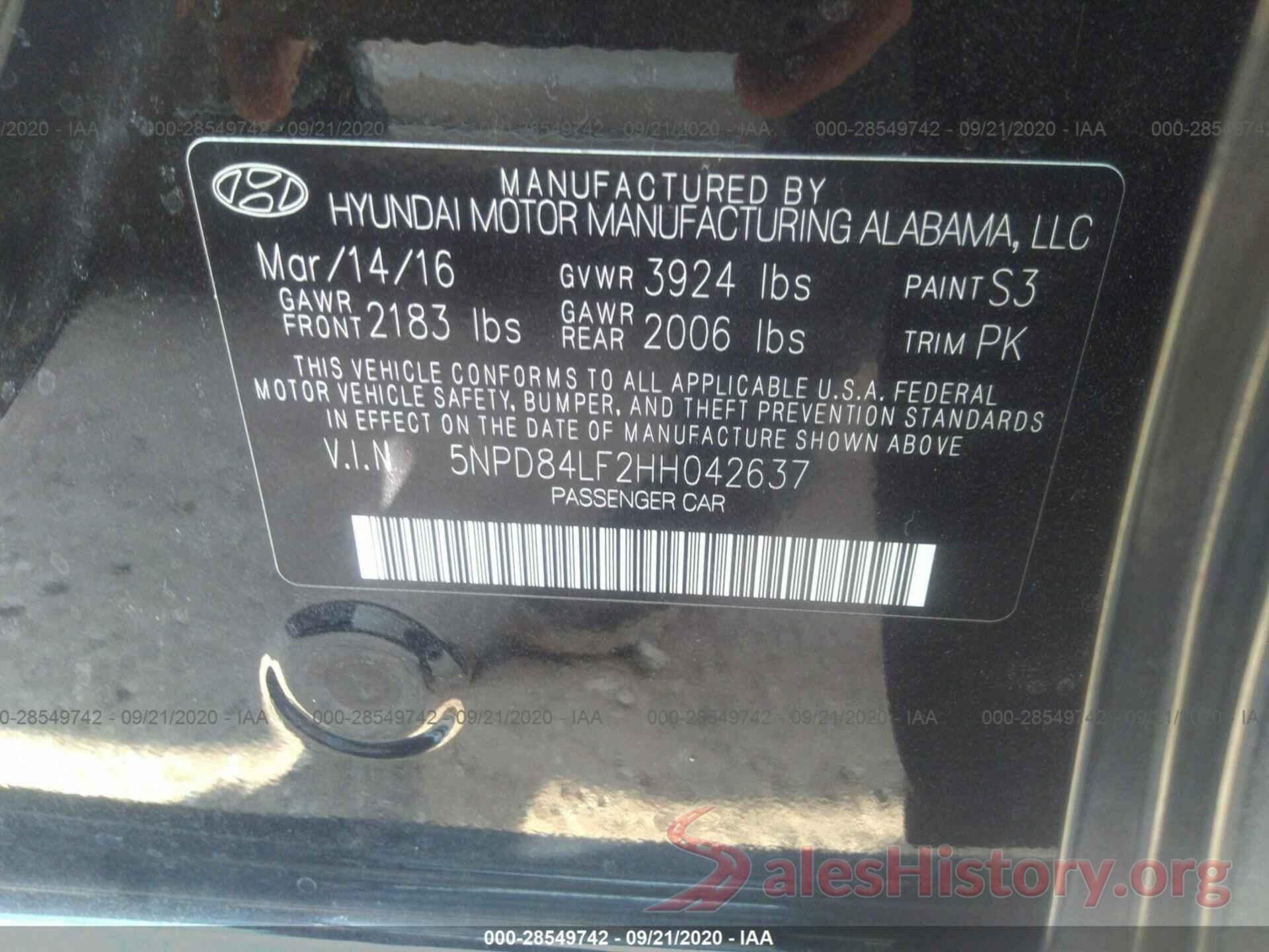 5NPD84LF2HH042637 2017 HYUNDAI ELANTRA