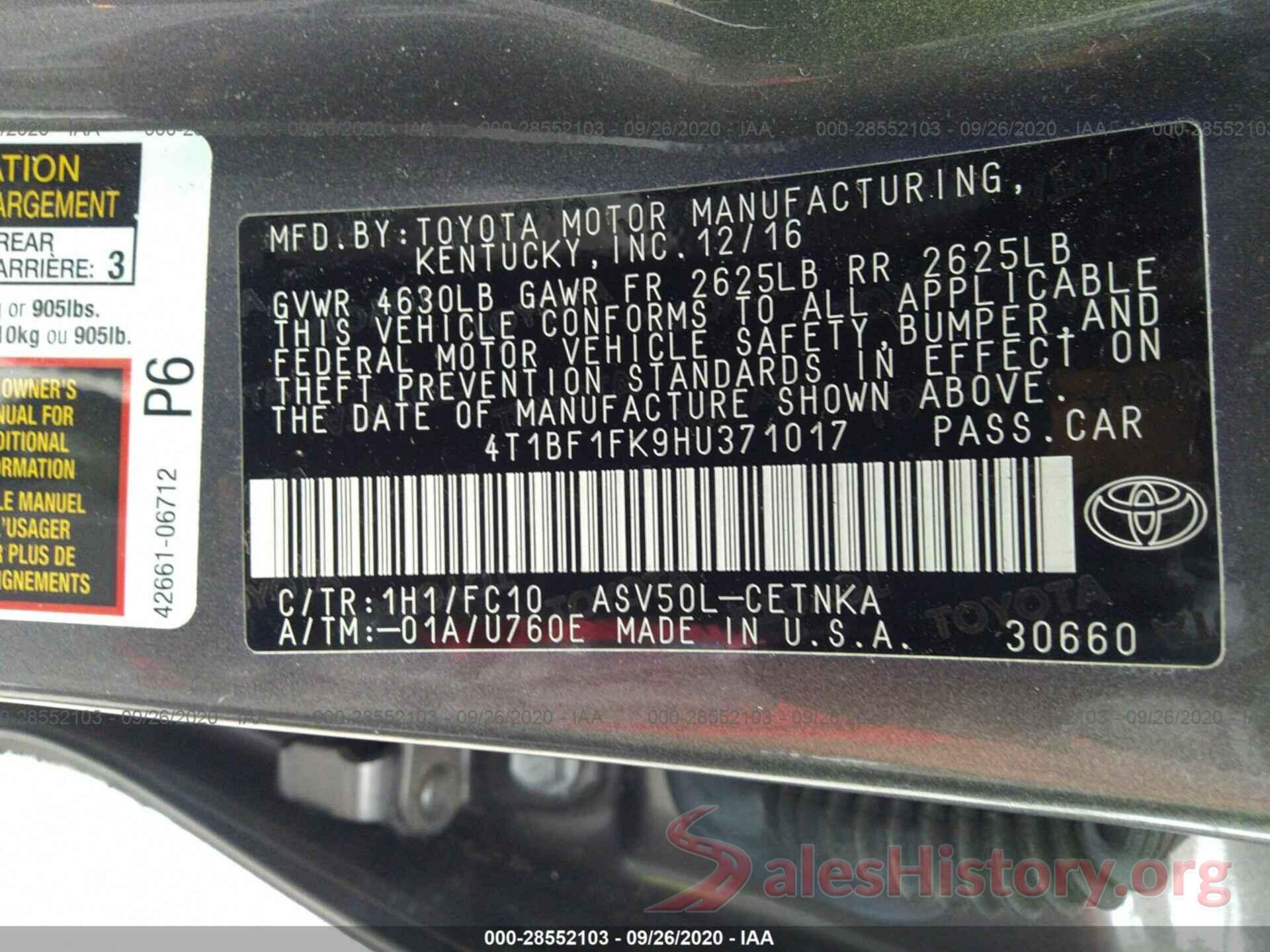 4T1BF1FK9HU371017 2017 TOYOTA CAMRY