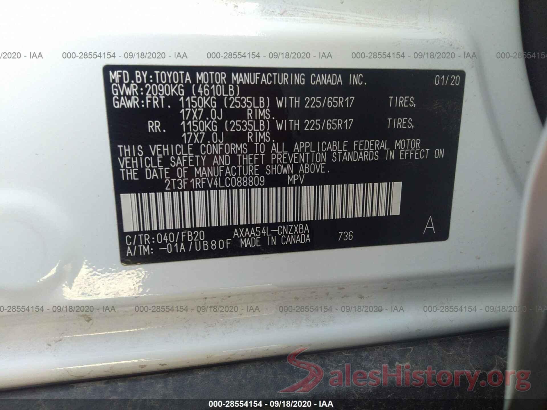 2T3F1RFV4LC088809 2020 TOYOTA RAV4