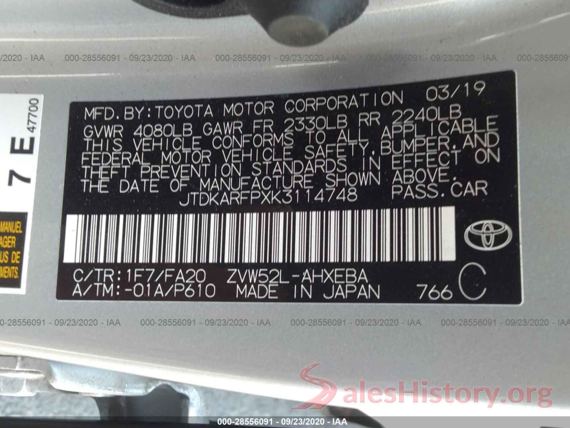 JTDKARFPXK3114748 2019 TOYOTA PRIUS PRIME