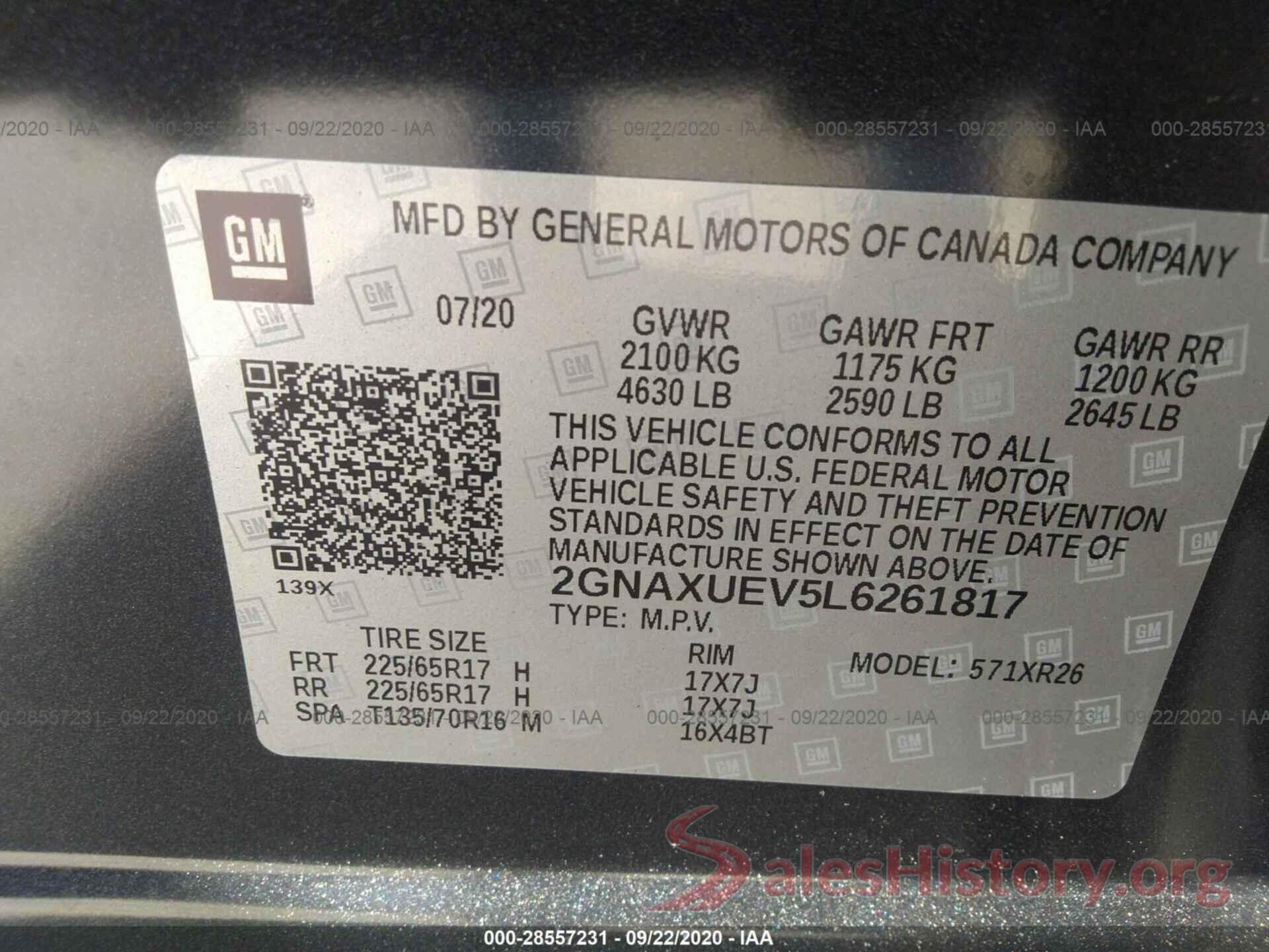 2GNAXUEV5L6261817 2020 CHEVROLET EQUINOX