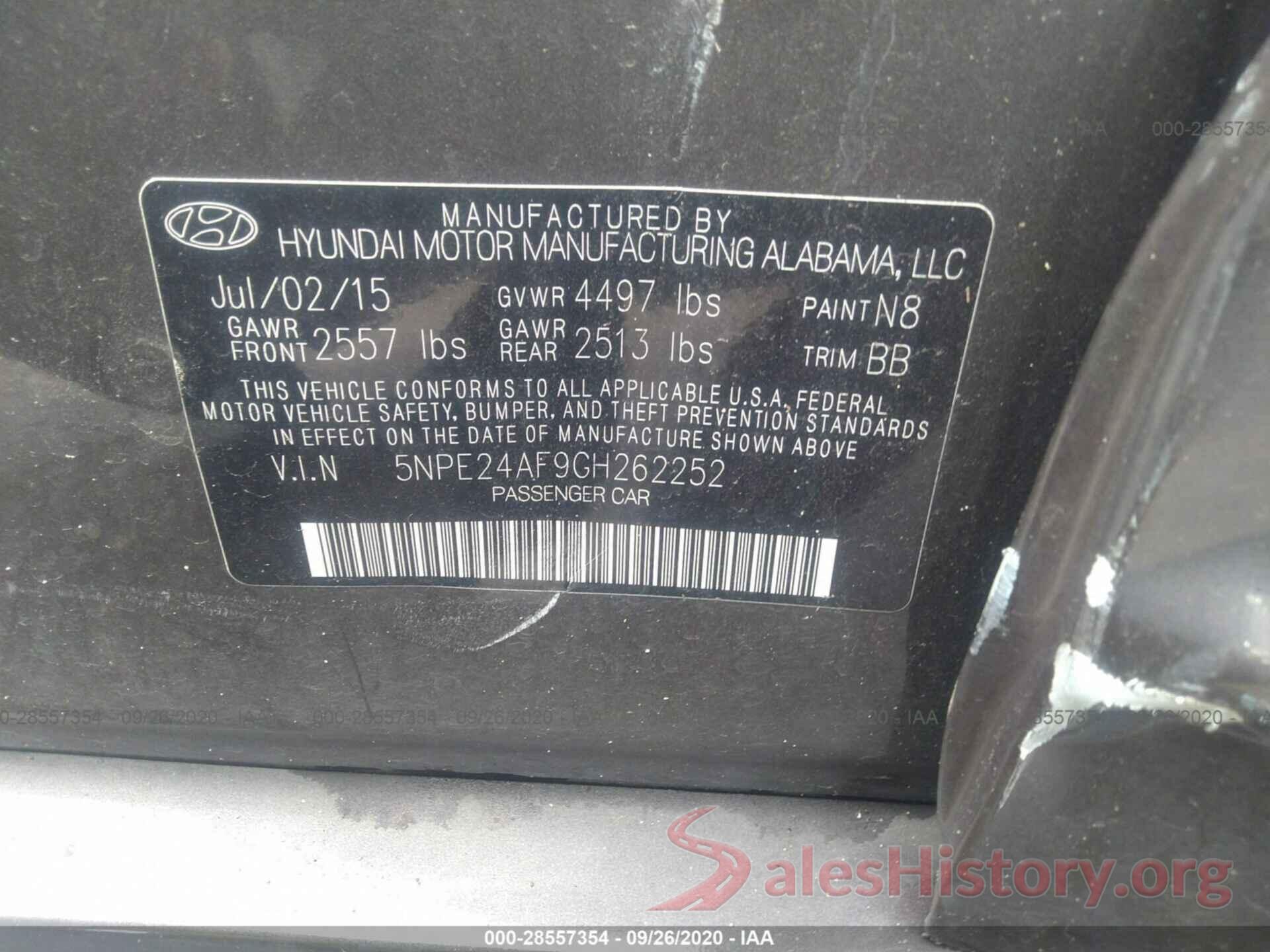 5NPE24AF9GH262252 2016 HYUNDAI SONATA