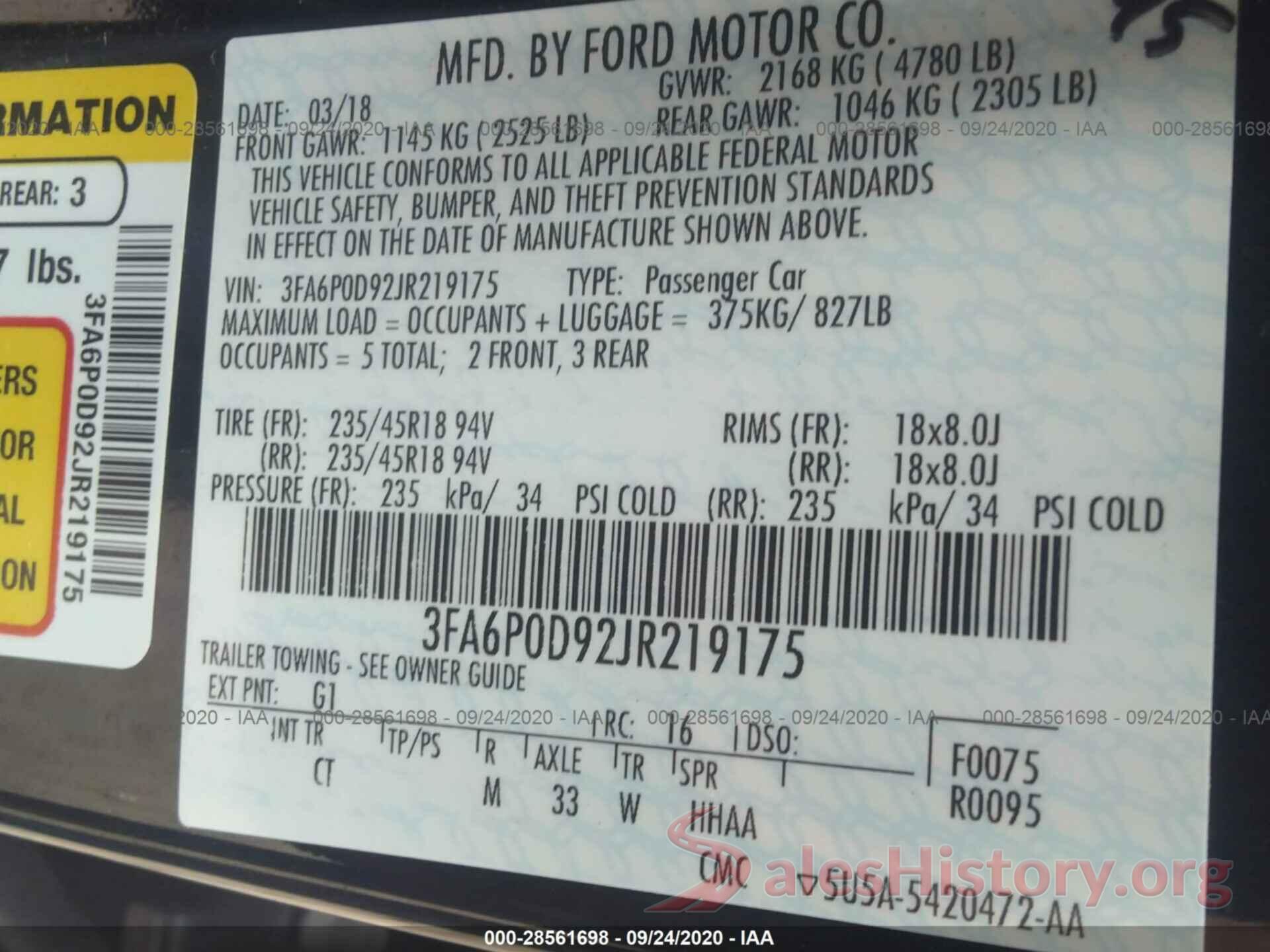 3FA6P0D92JR219175 2018 FORD FUSION