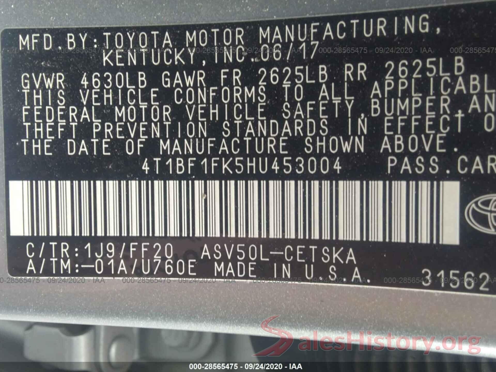 4T1BF1FK5HU453004 2017 TOYOTA CAMRY