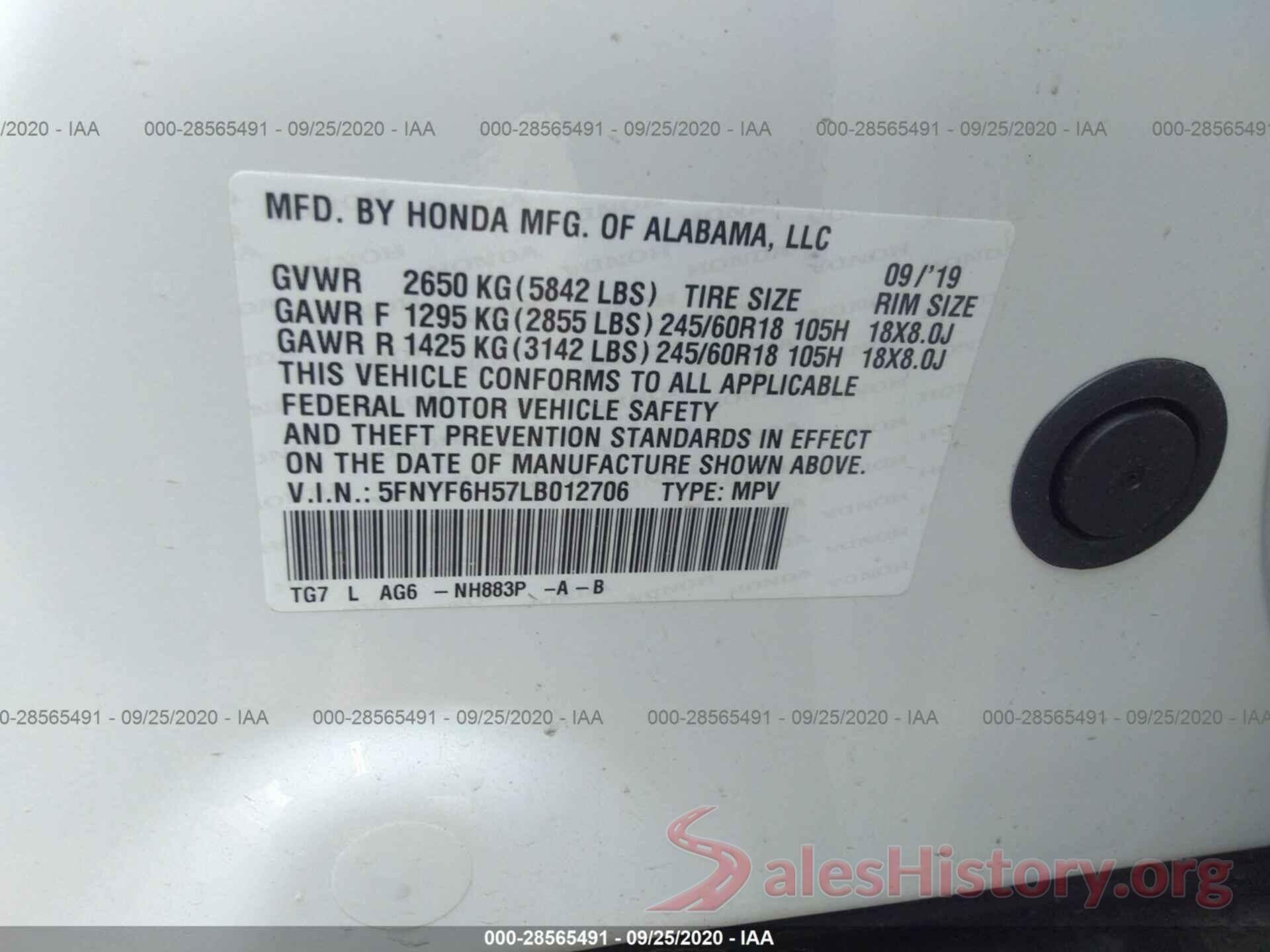 5FNYF6H57LB012706 2020 HONDA PILOT