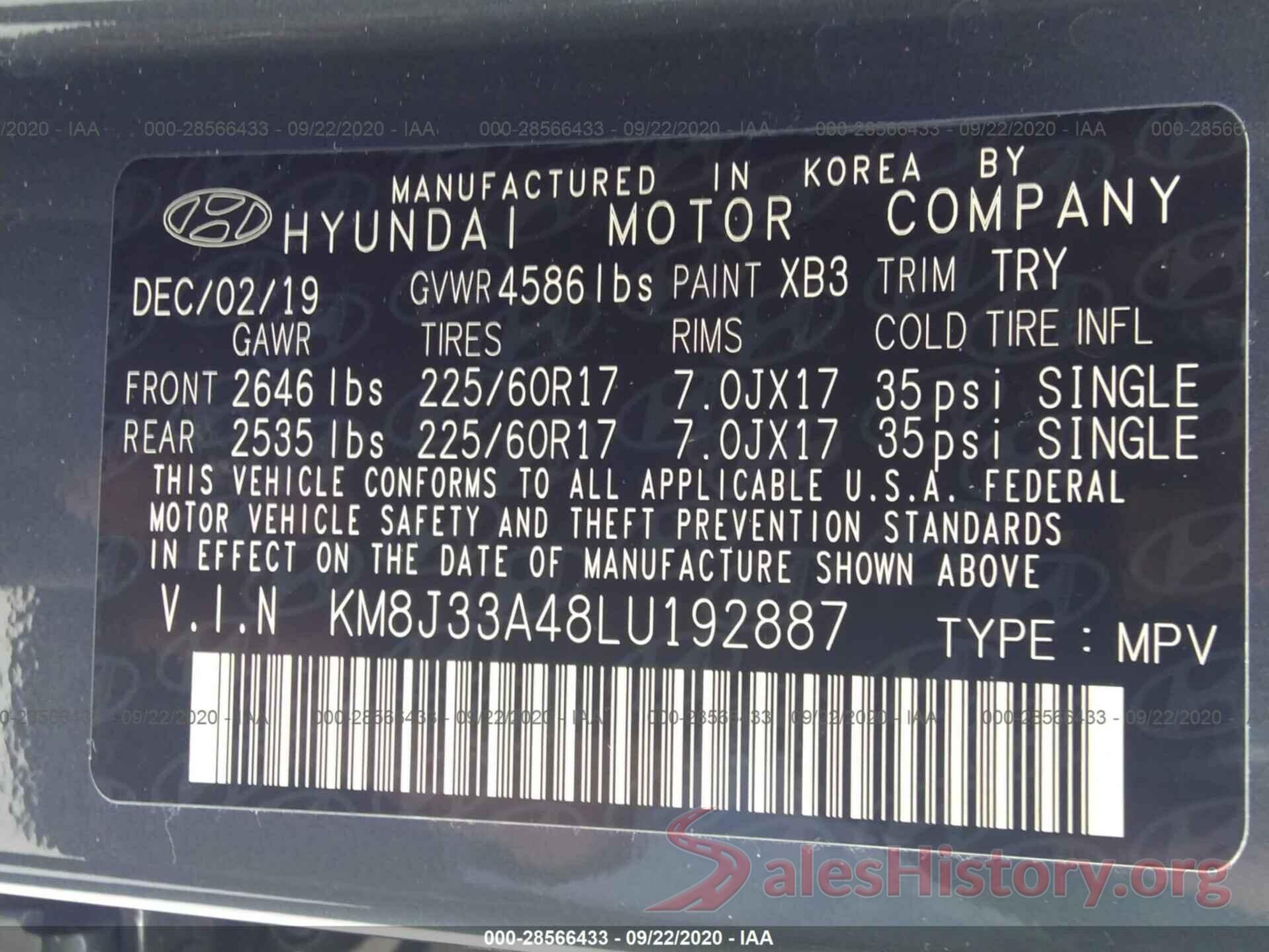 KM8J33A48LU192887 2020 HYUNDAI TUCSON