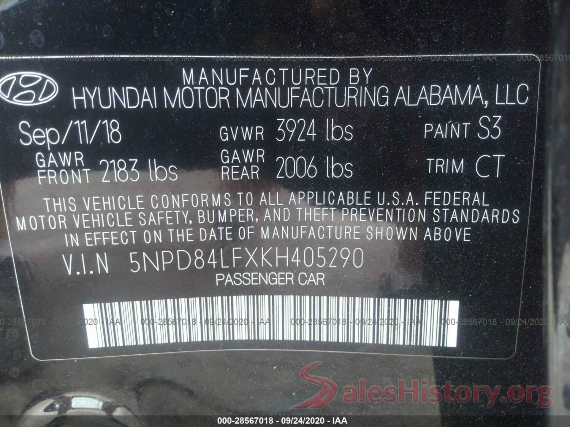 5NPD84LFXKH405290 2019 HYUNDAI ELANTRA