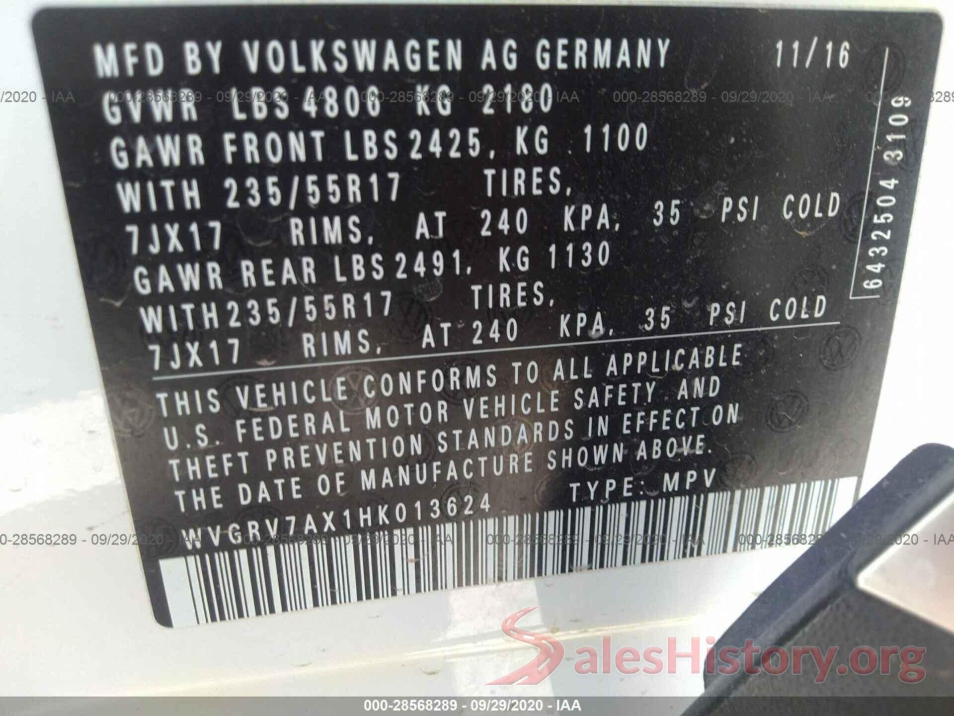 WVGRV7AX1HK013624 2017 VOLKSWAGEN TIGUAN