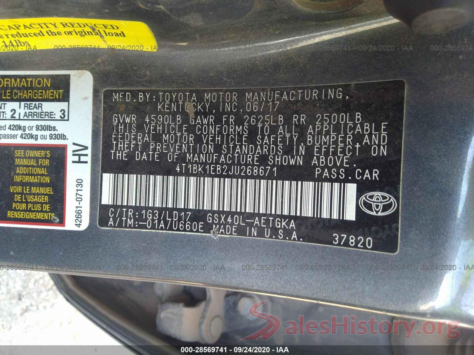 4T1BK1EB2JU268671 2018 TOYOTA AVALON