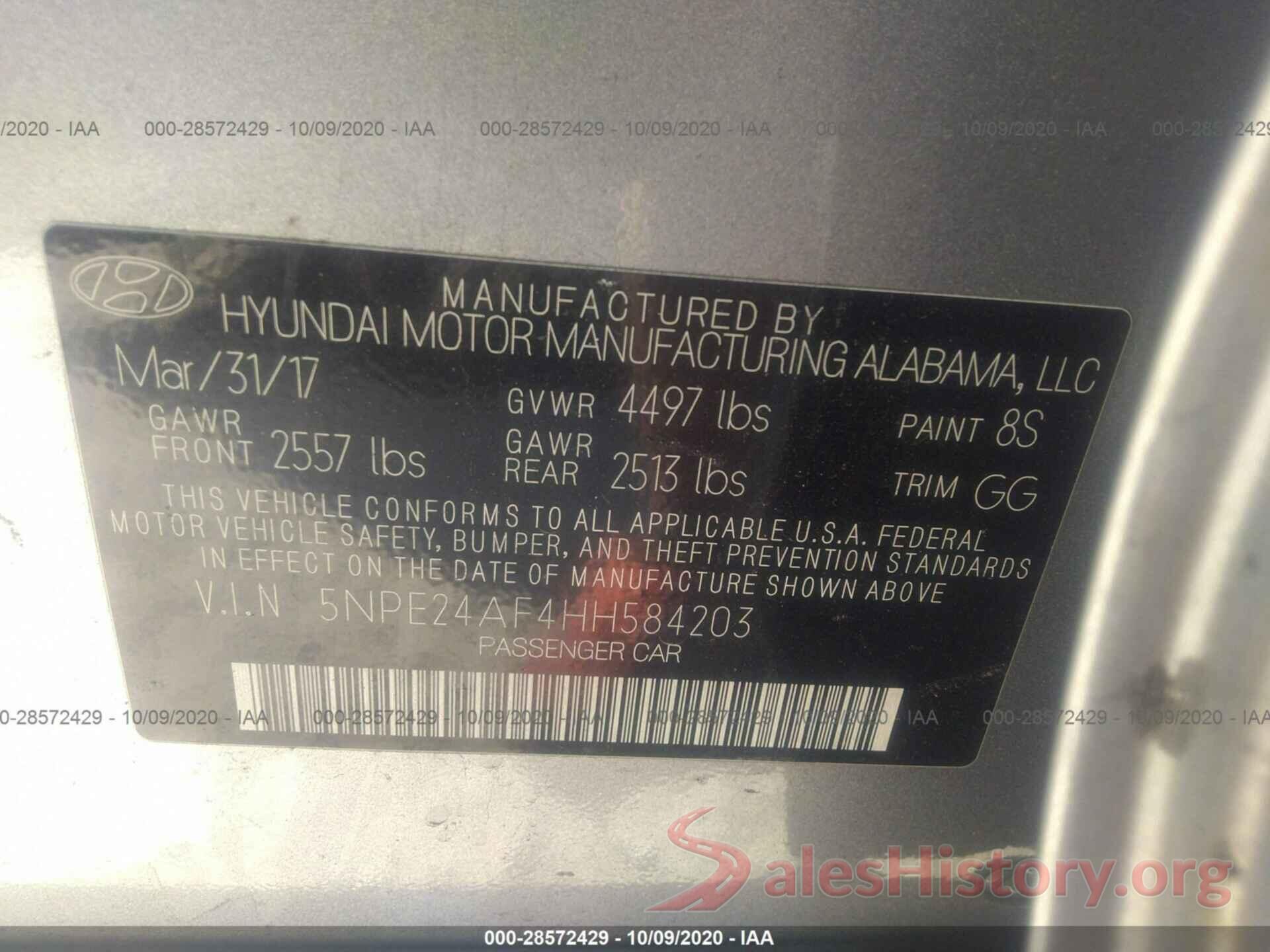 5NPE24AF4HH584203 2017 HYUNDAI SONATA