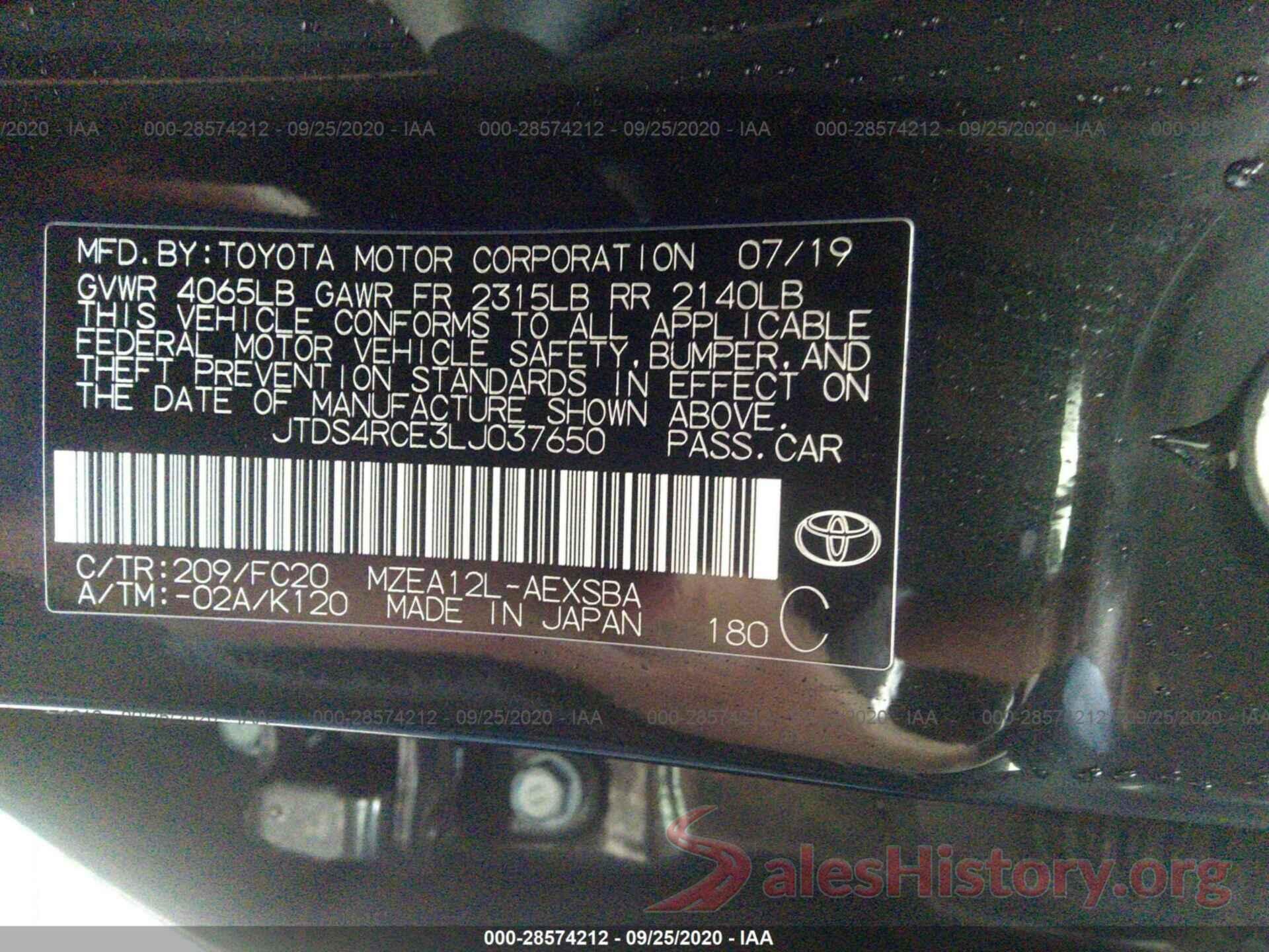 JTDS4RCE3LJ037650 2020 TOYOTA COROLLA