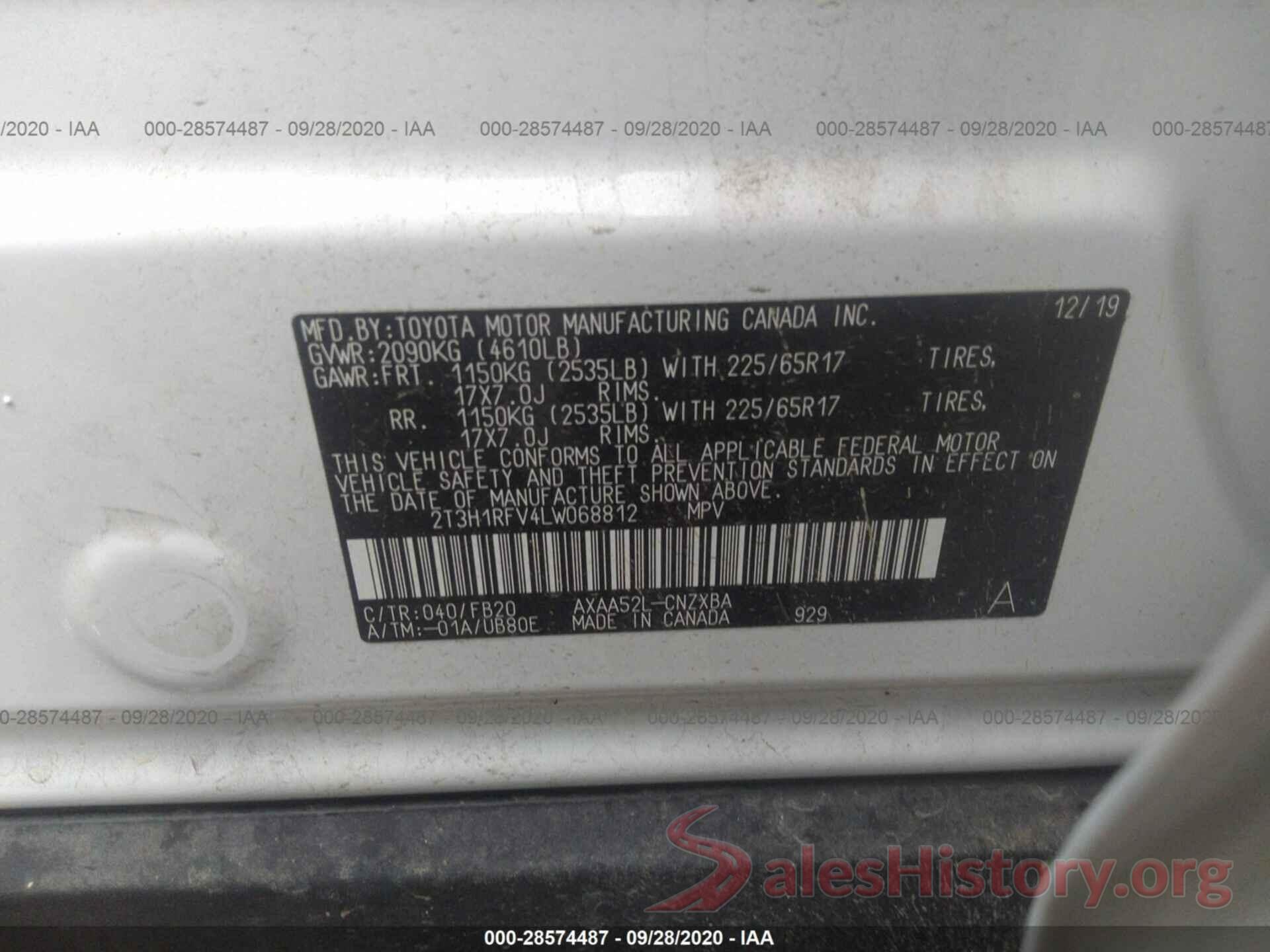 2T3H1RFV4LW068812 2020 TOYOTA RAV4