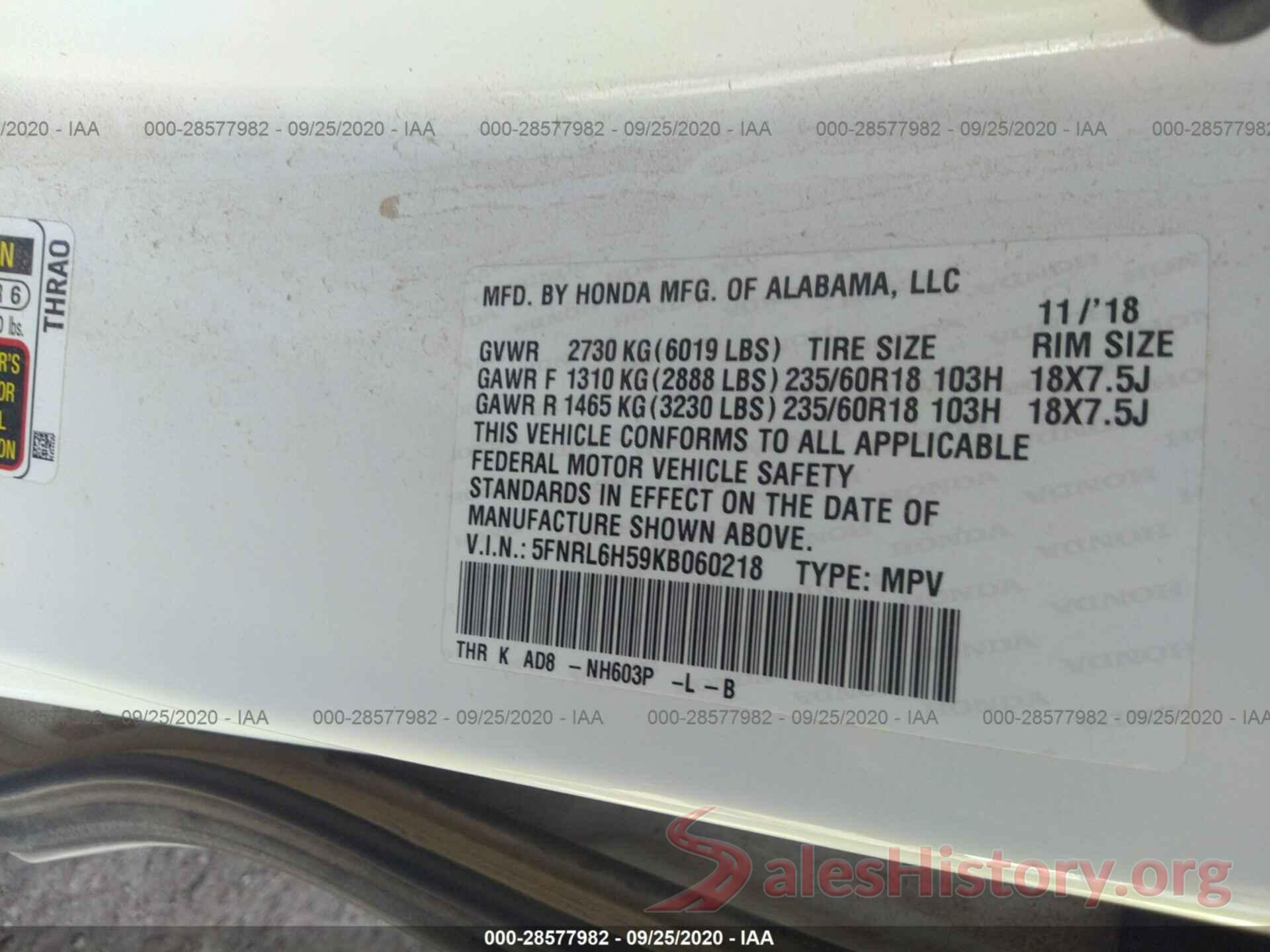 5FNRL6H59KB060218 2019 HONDA ODYSSEY