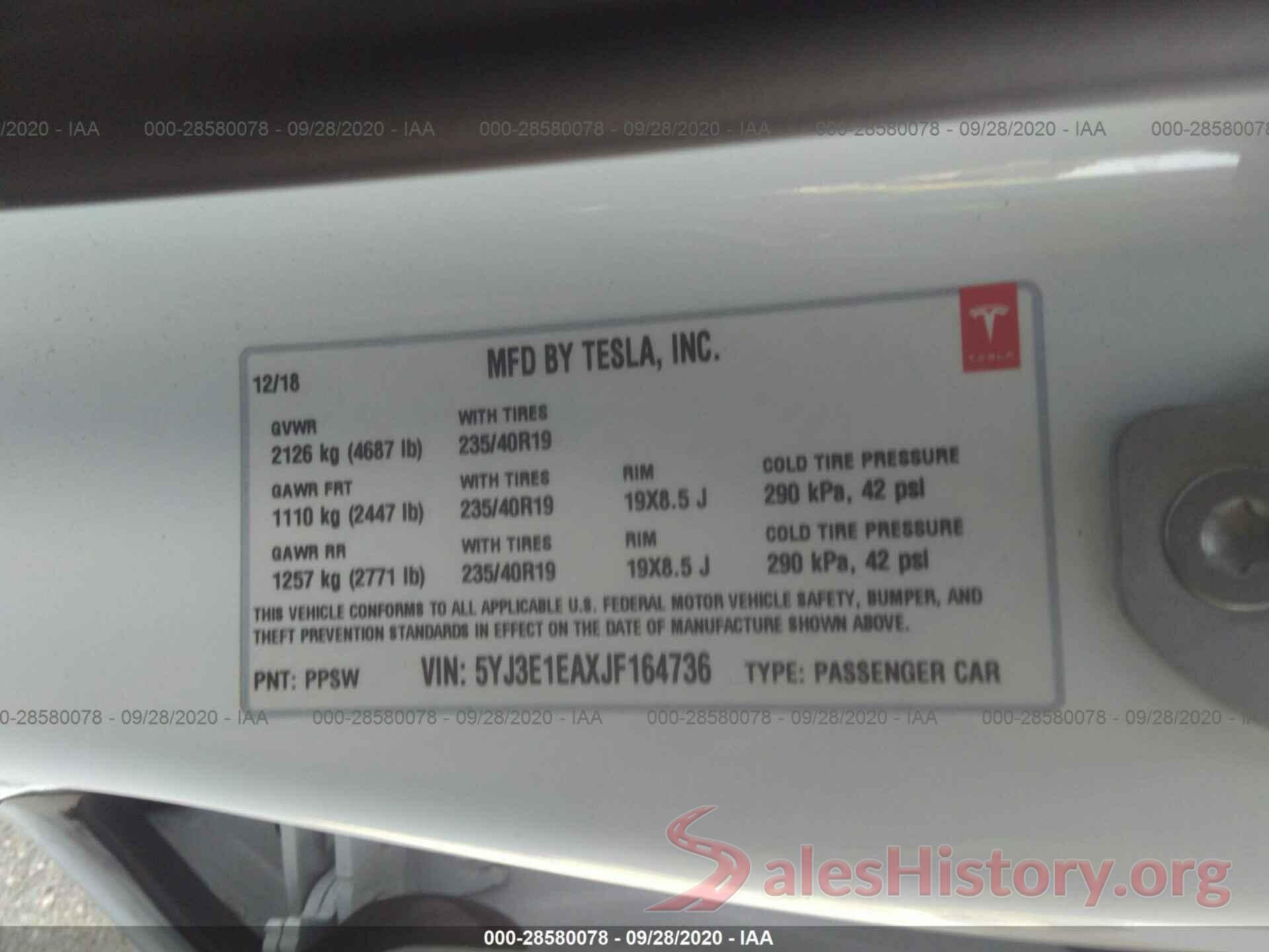 5YJ3E1EAXJF164736 2018 TESLA MODEL 3