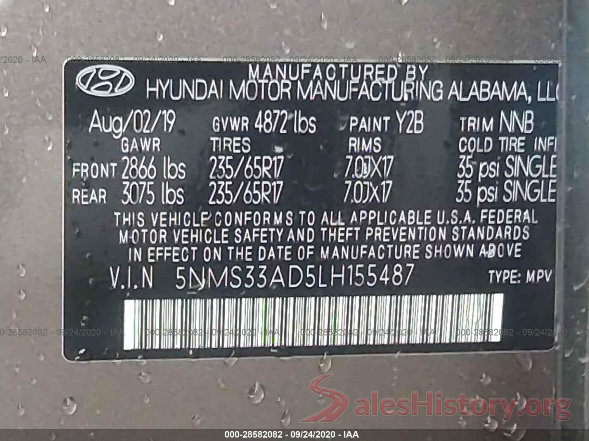 5NMS33AD5LH155487 2020 HYUNDAI SANTA FE