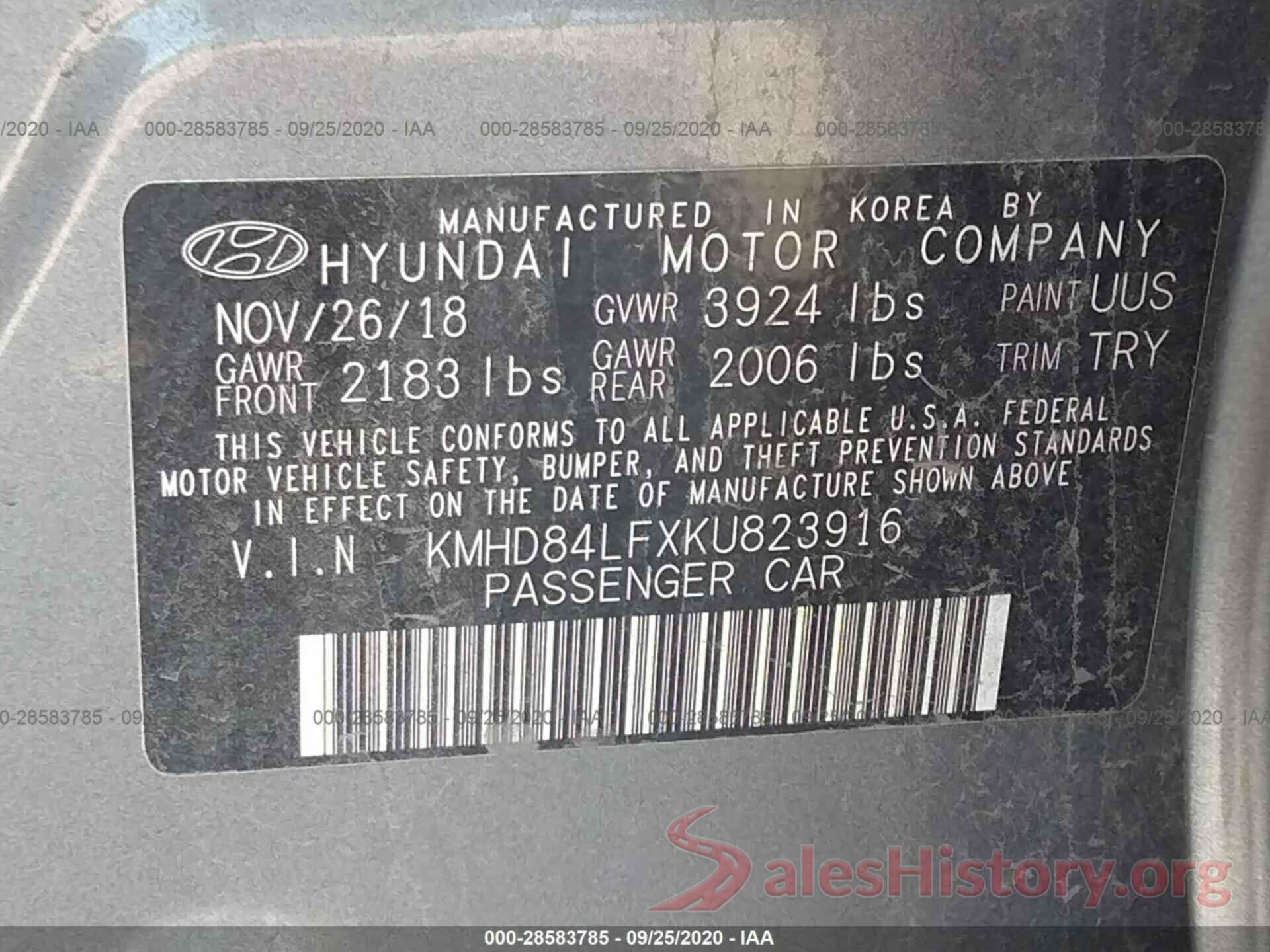 KMHD84LFXKU823916 2019 HYUNDAI ELANTRA