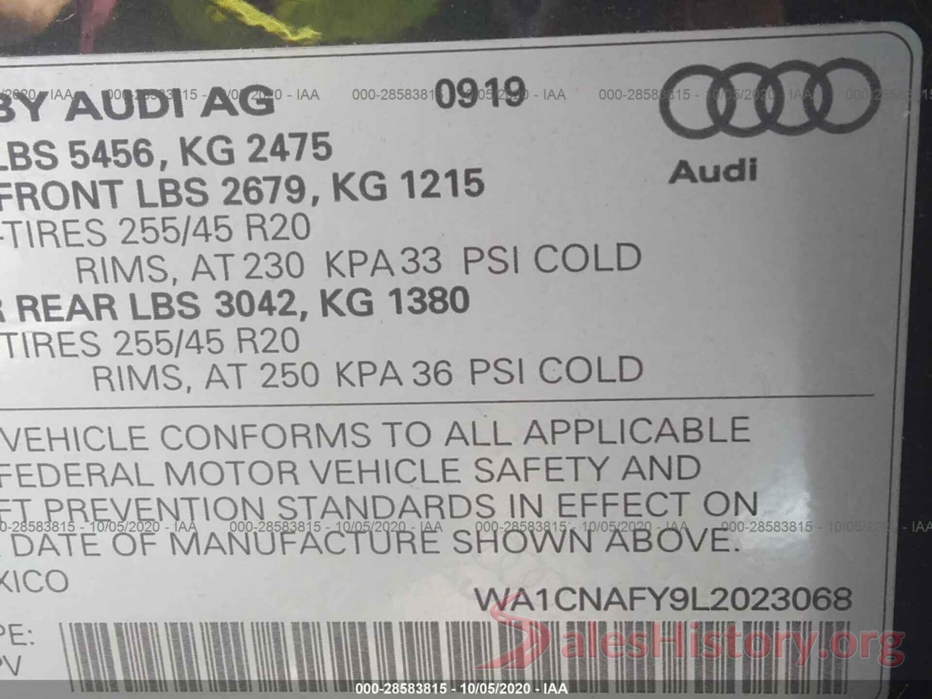 WA1CNAFY9L2023068 2020 AUDI Q5