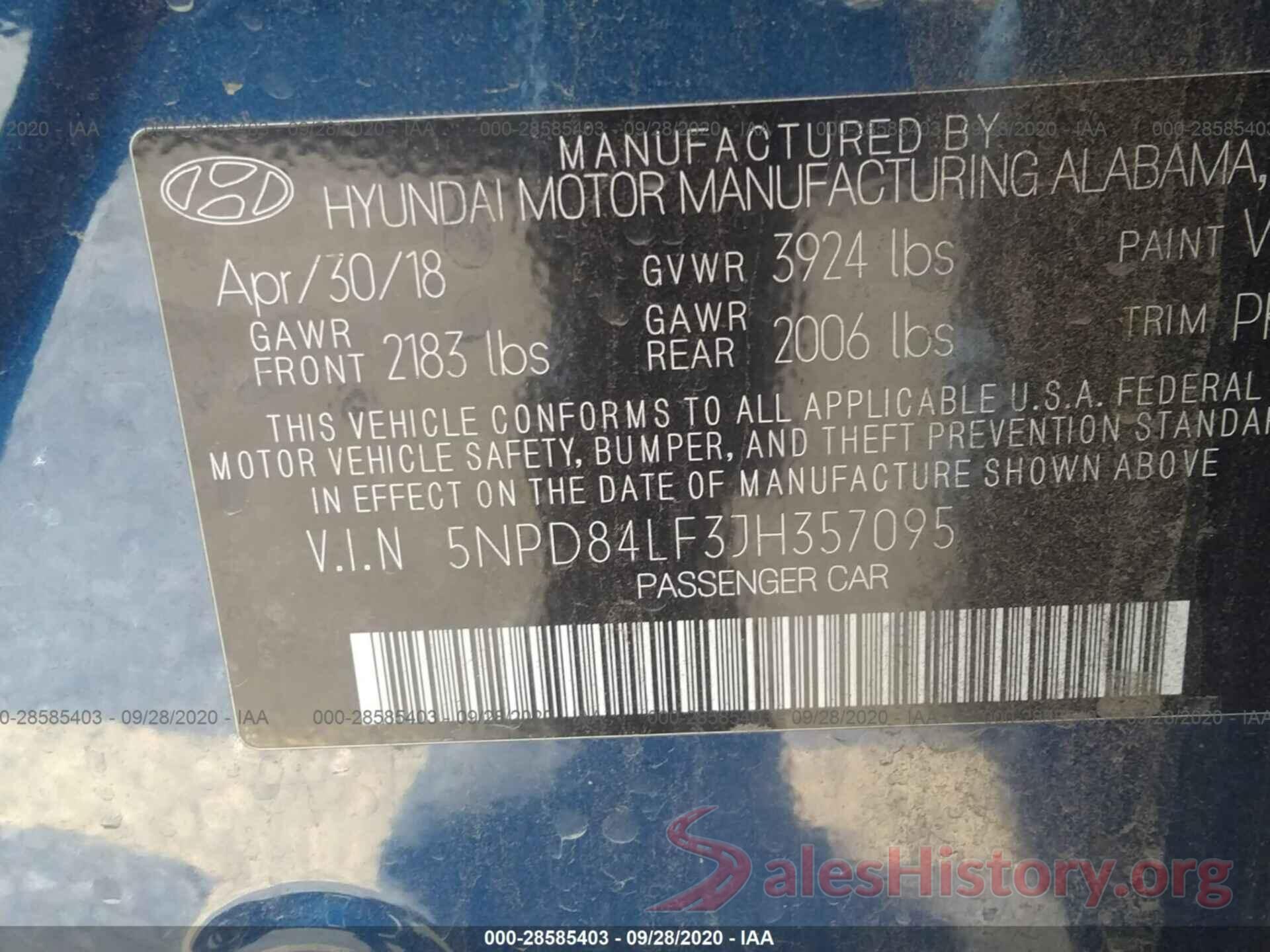 5NPD84LF3JH357095 2018 HYUNDAI ELANTRA