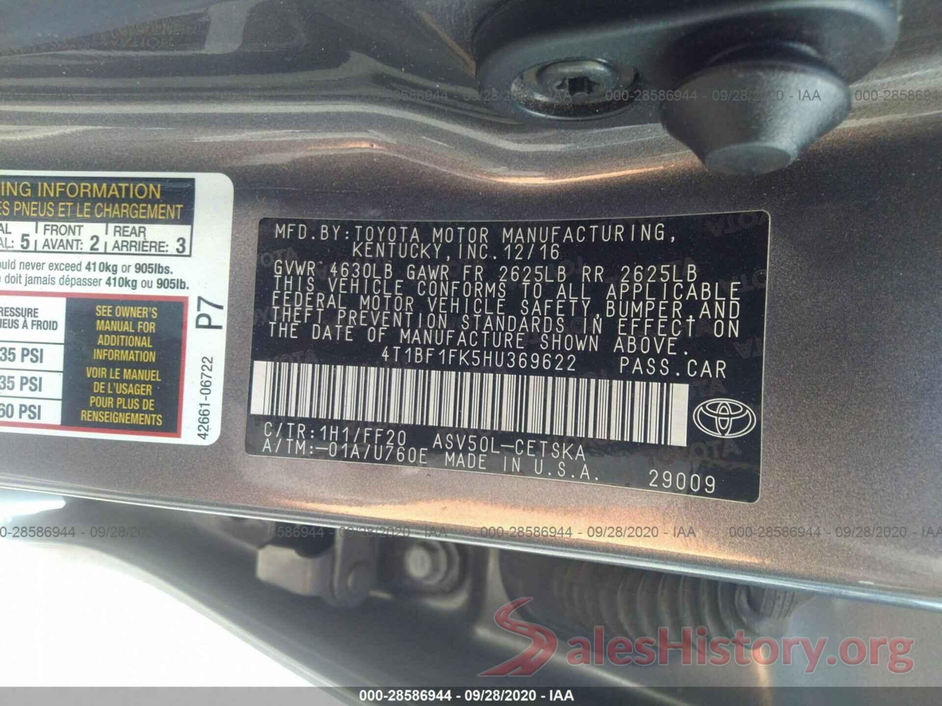 4T1BF1FK5HU369622 2017 TOYOTA CAMRY