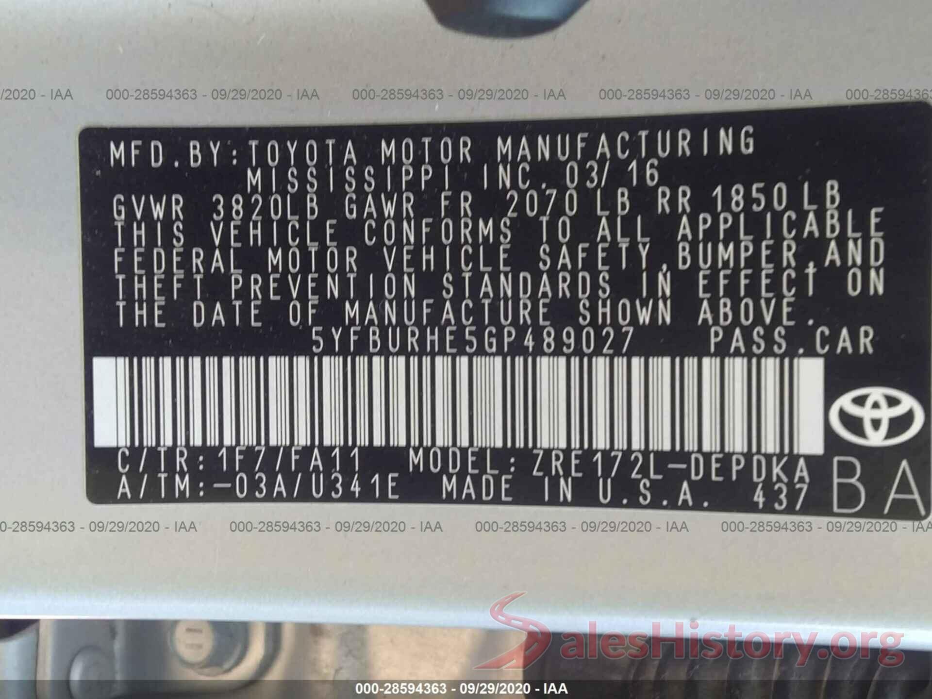 5YFBURHE5GP489027 2016 TOYOTA COROLLA