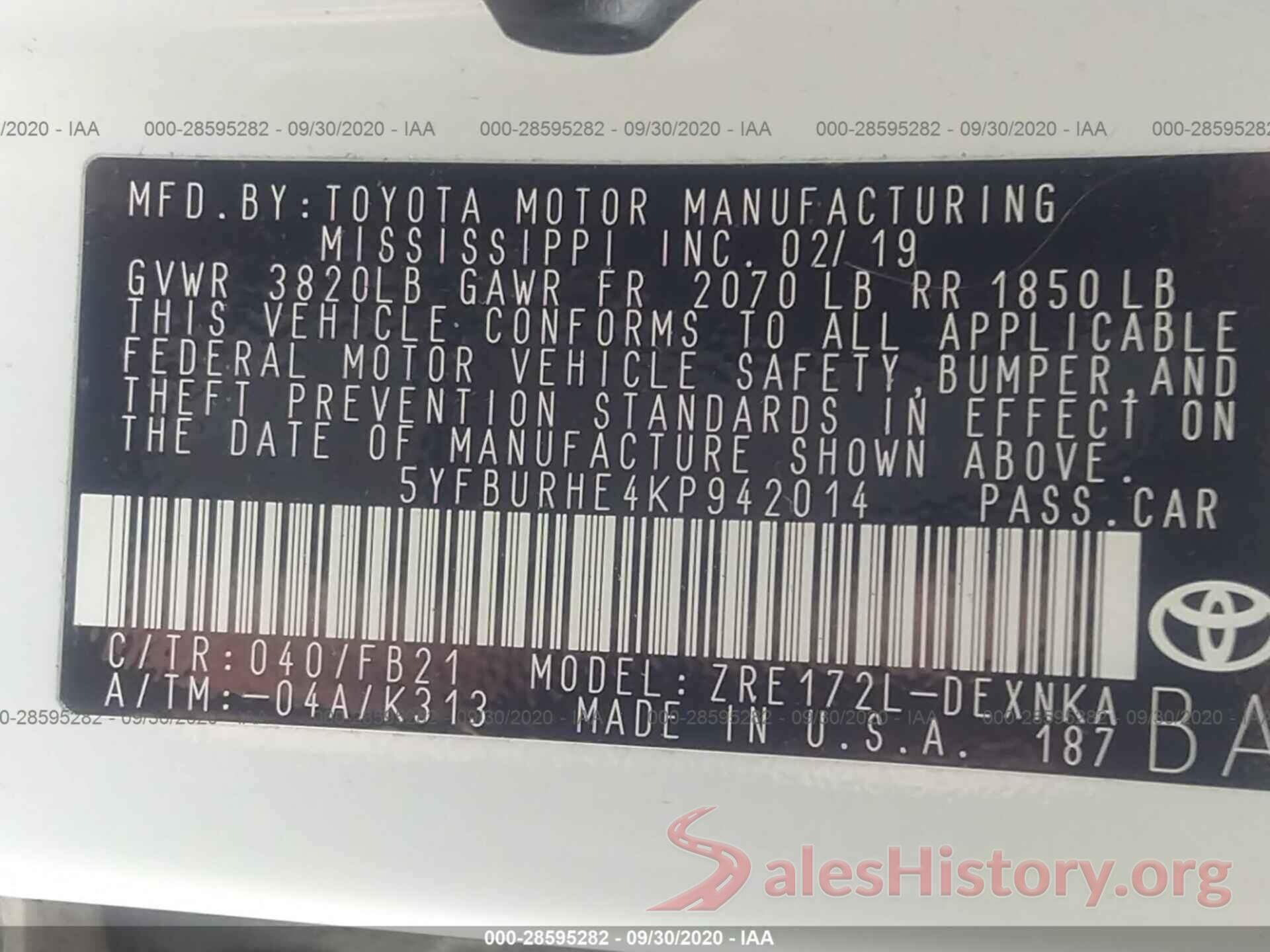 5YFBURHE4KP942014 2019 TOYOTA COROLLA