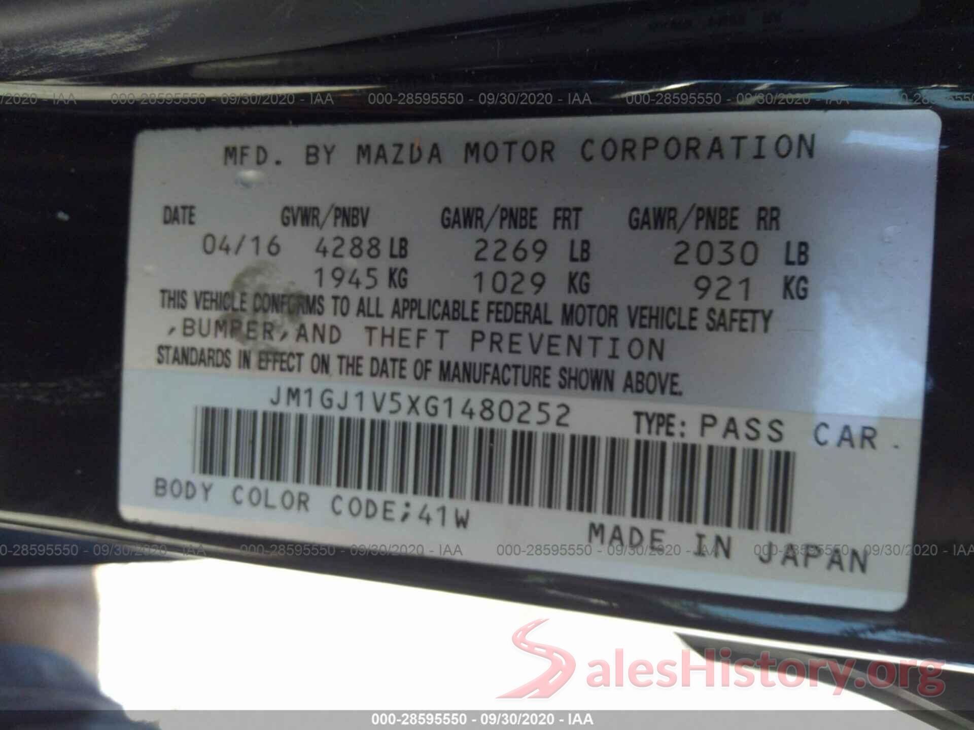 JM1GJ1V5XG1480252 2016 MAZDA MAZDA6