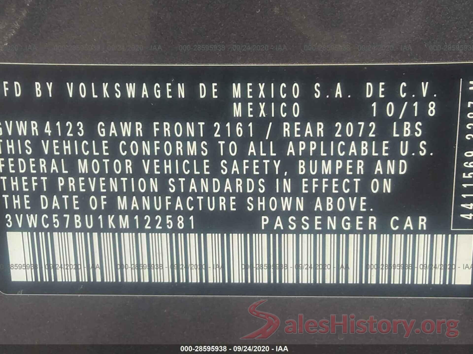 3VWC57BU1KM122581 2019 VOLKSWAGEN JETTA