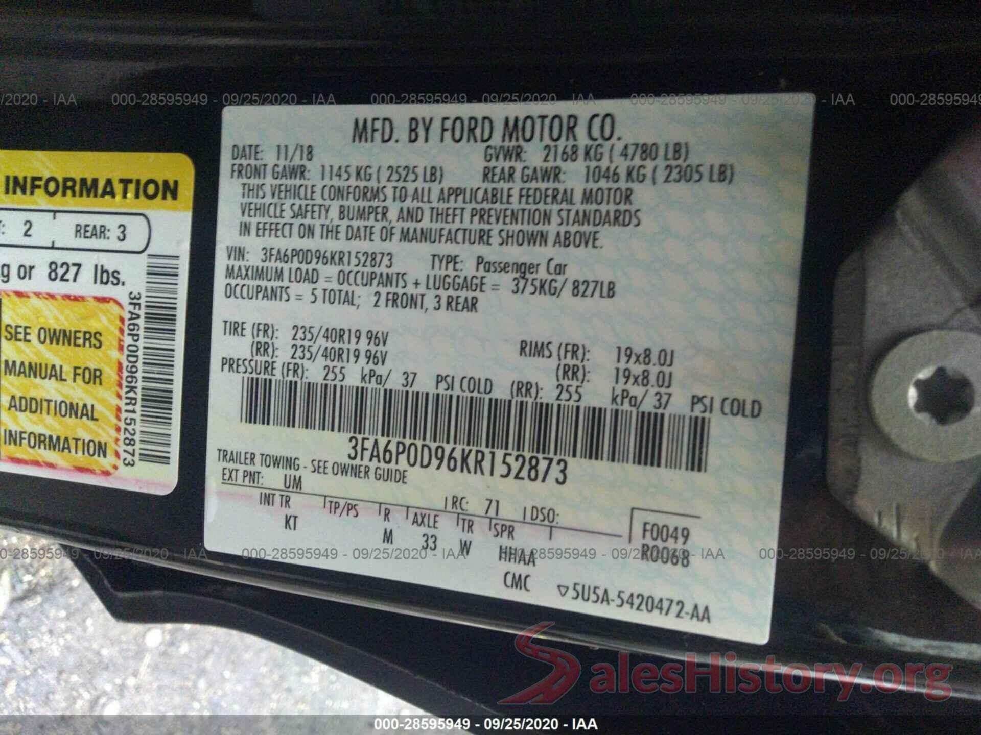 3FA6P0D96KR152873 2019 FORD FUSION