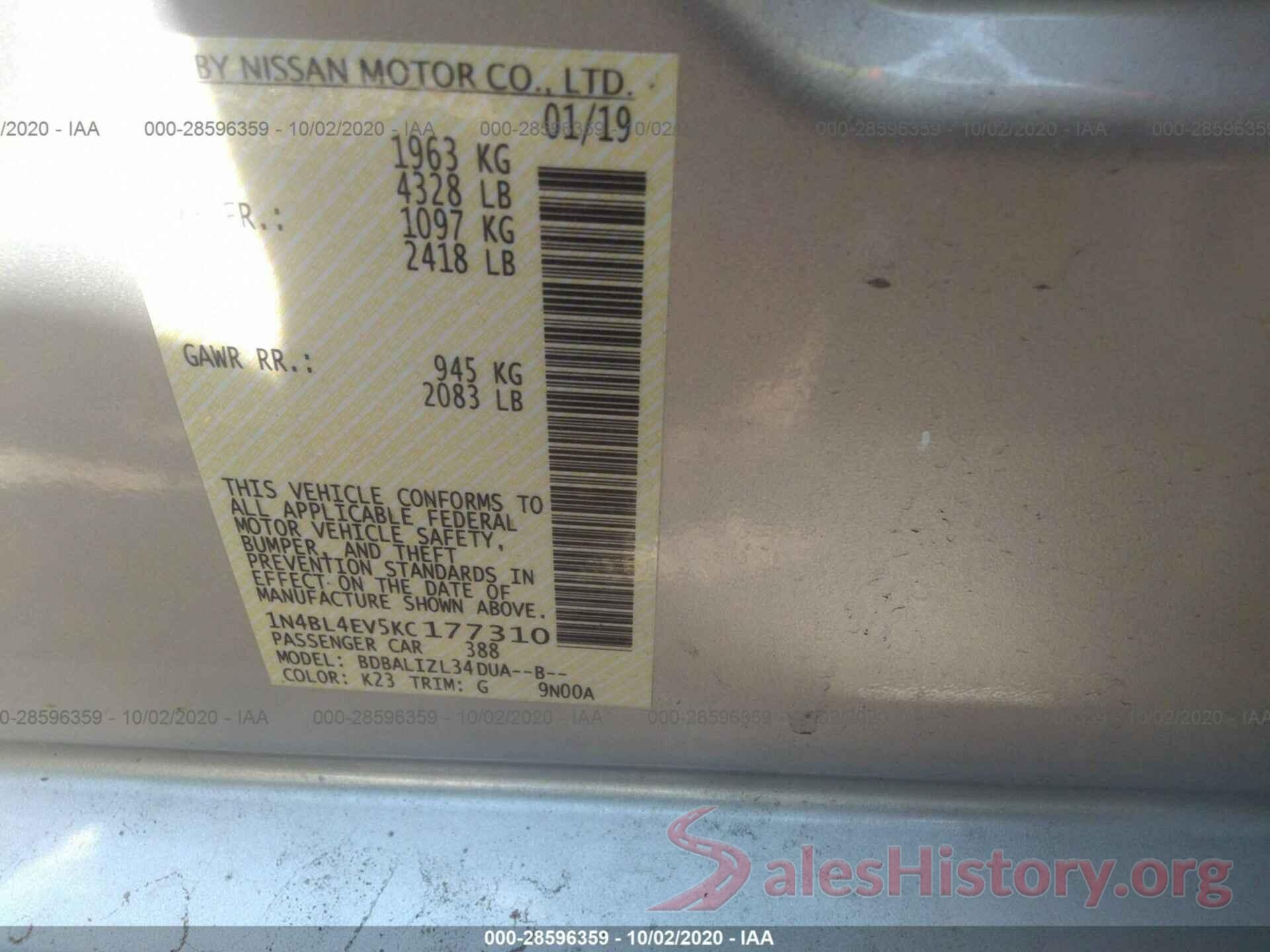 1N4BL4EV5KC177310 2019 NISSAN ALTIMA