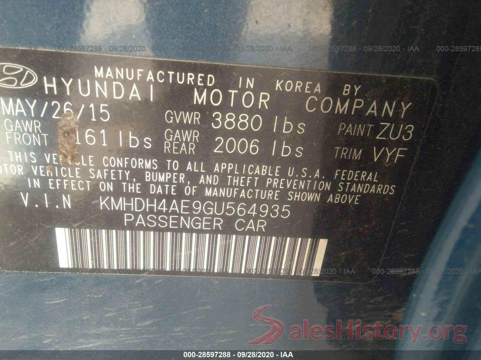 KMHDH4AE9GU564935 2016 HYUNDAI ELANTRA