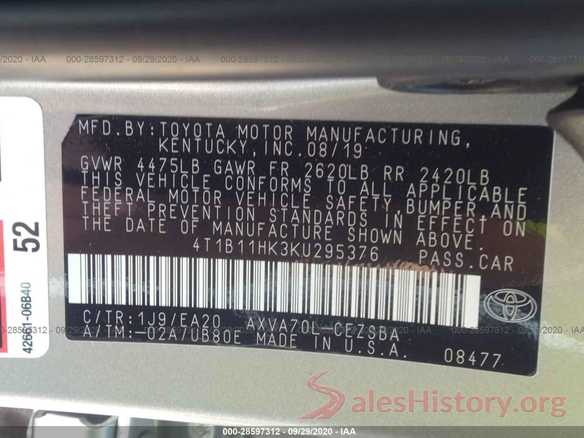 4T1B11HK3KU295376 2019 TOYOTA CAMRY