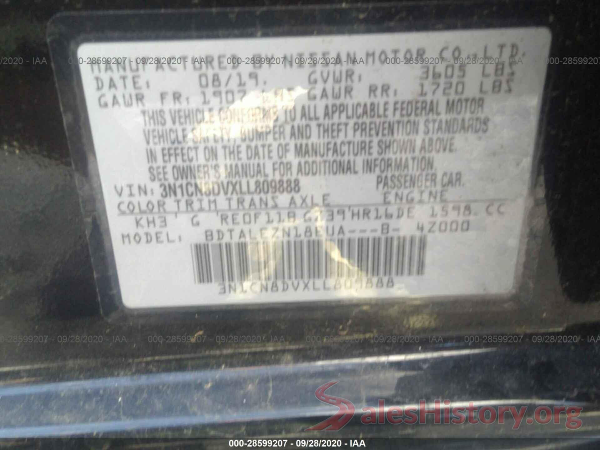 3N1CN8DVXLL809888 2020 NISSAN VERSA