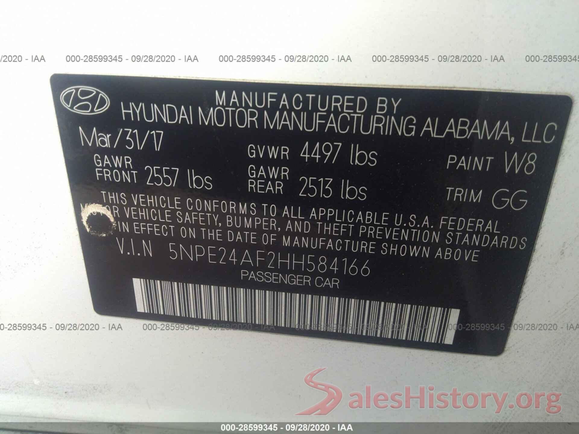 5NPE24AF2HH584166 2017 HYUNDAI SONATA