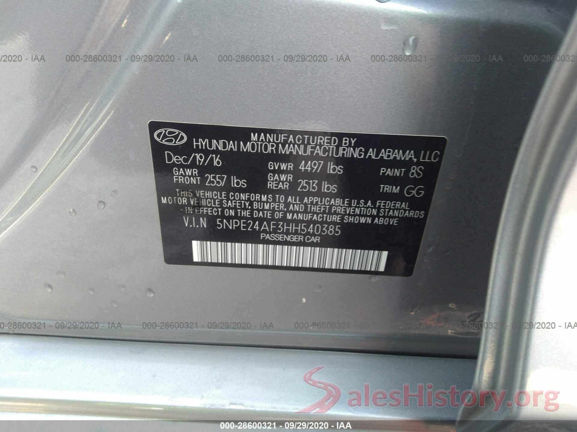 5NPE24AF3HH540385 2017 HYUNDAI SONATA