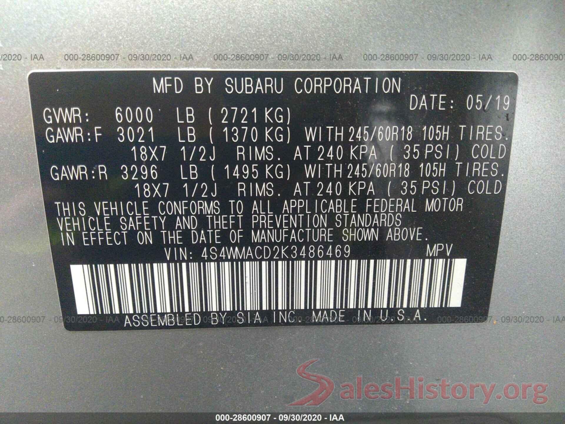 4S4WMACD2K3486469 2019 SUBARU ASCENT