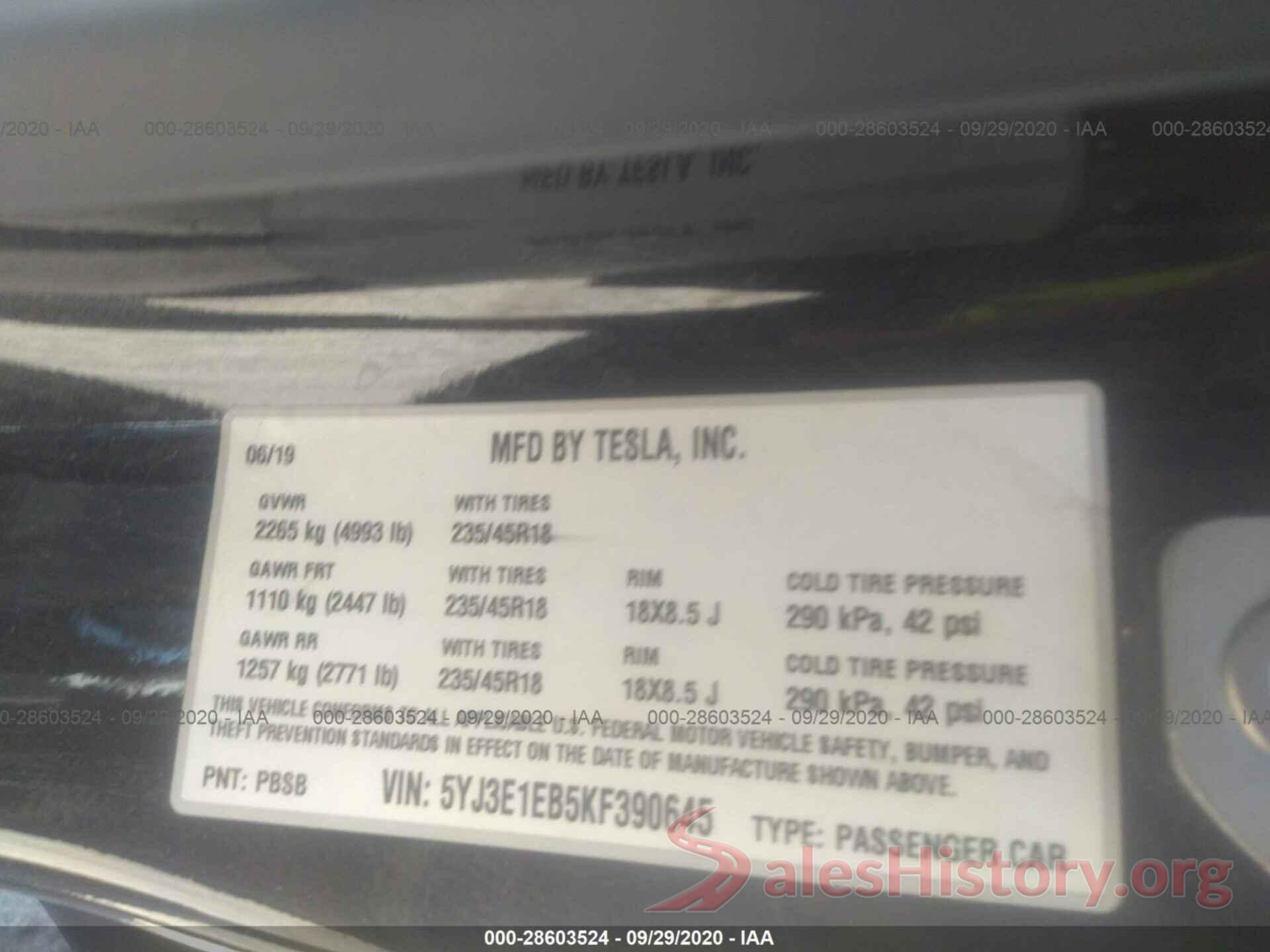 5YJ3E1EB5KF390645 2019 TESLA MODEL 3