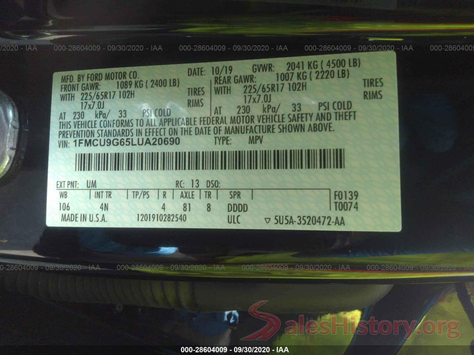 1FMCU9G65LUA20690 2020 FORD ESCAPE