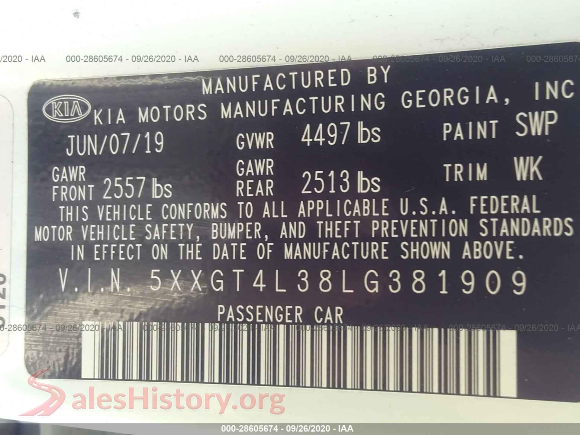 2020 KIA OPTIMA VIN 5XXGT4L38LG381909, engine bay