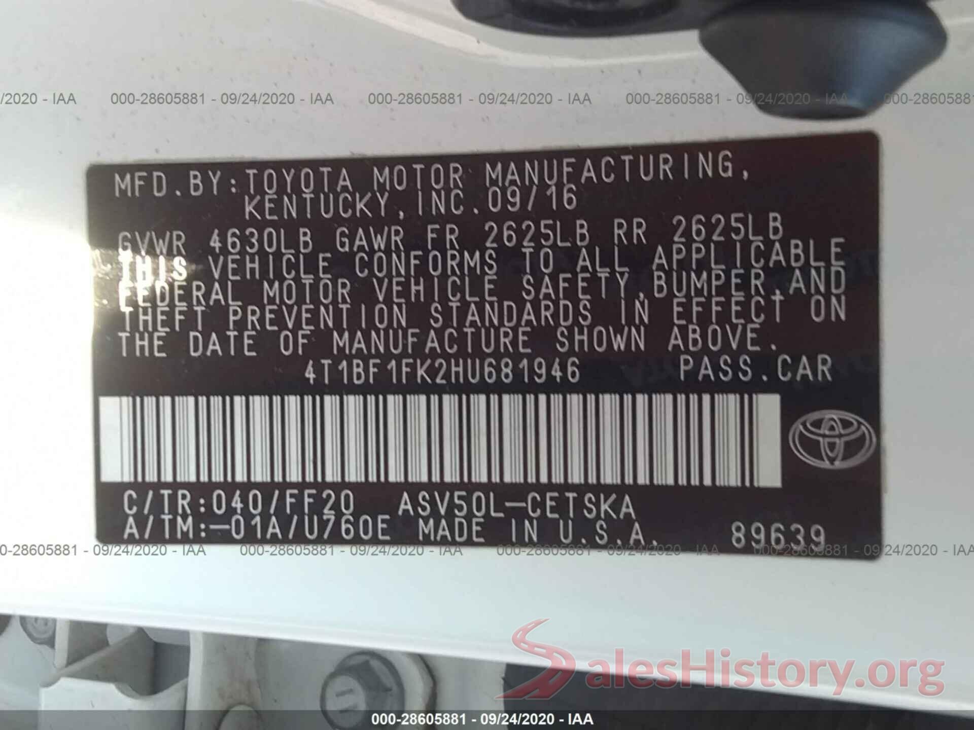 4T1BF1FK2HU681946 2017 TOYOTA CAMRY