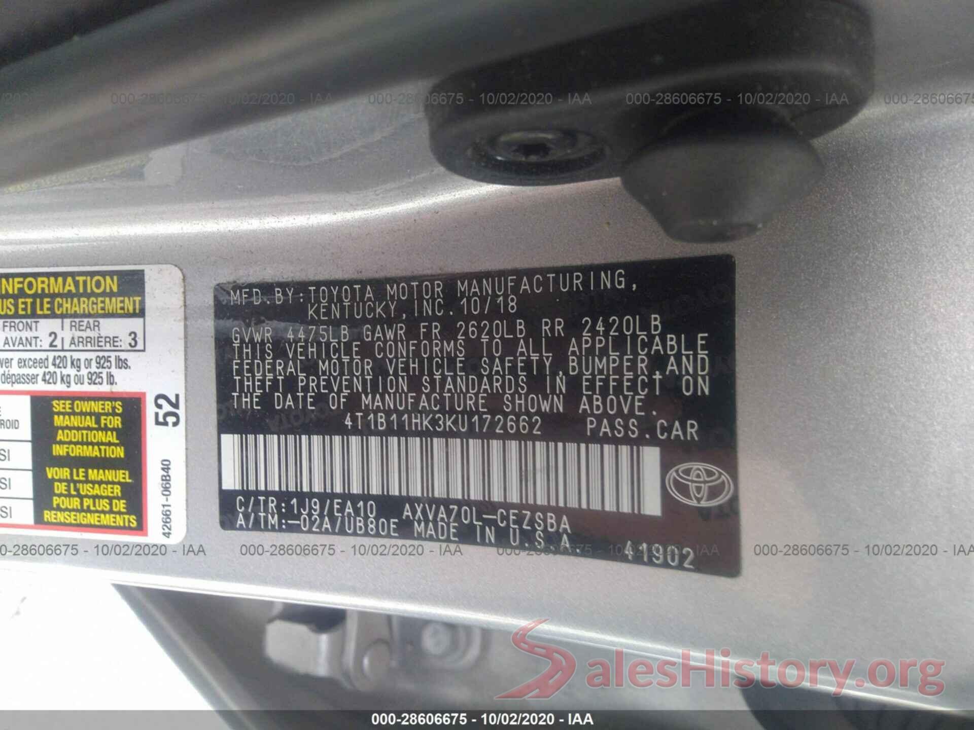 4T1B11HK3KU172662 2019 TOYOTA CAMRY