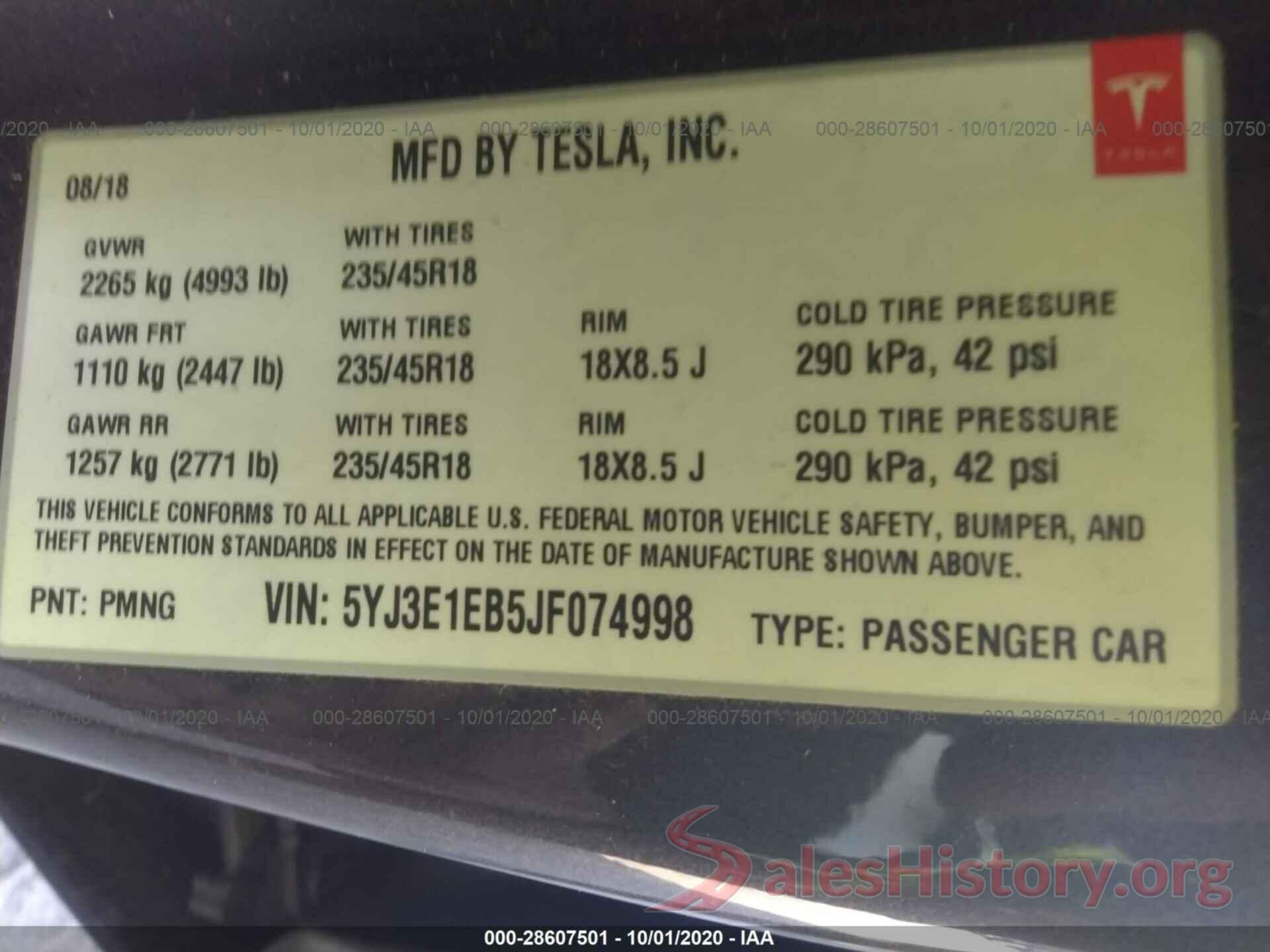 5YJ3E1EB5JF074998 2018 TESLA MODEL 3