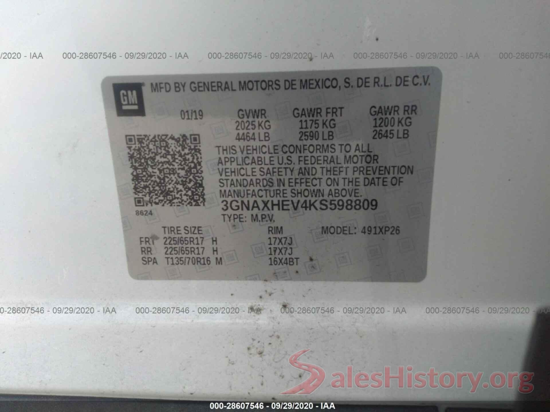 3GNAXHEV4KS598809 2019 CHEVROLET EQUINOX